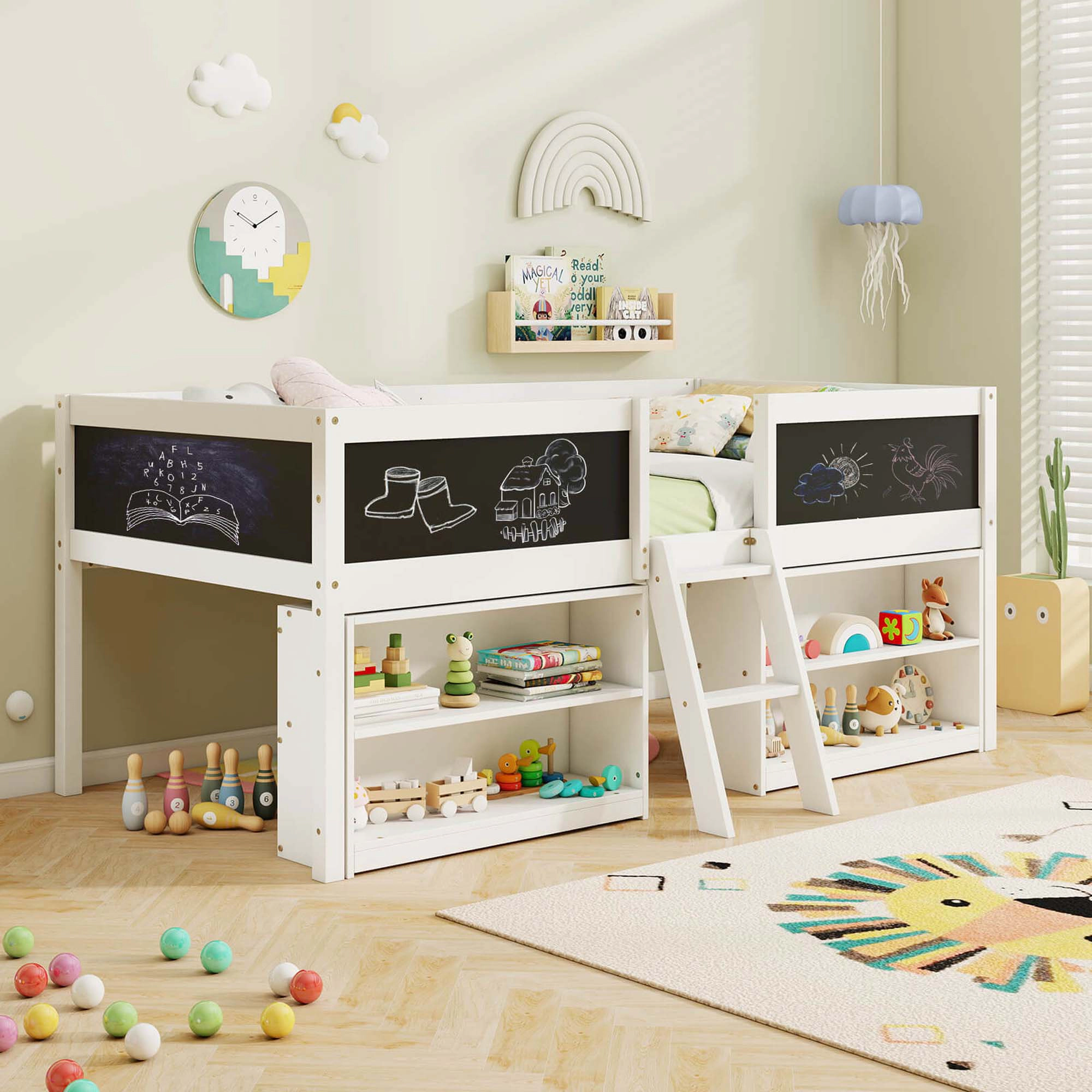 Costway Twin Size Low Loft Bed with Ramp Ladder & Bookcases Full-length Safety Guardrail White