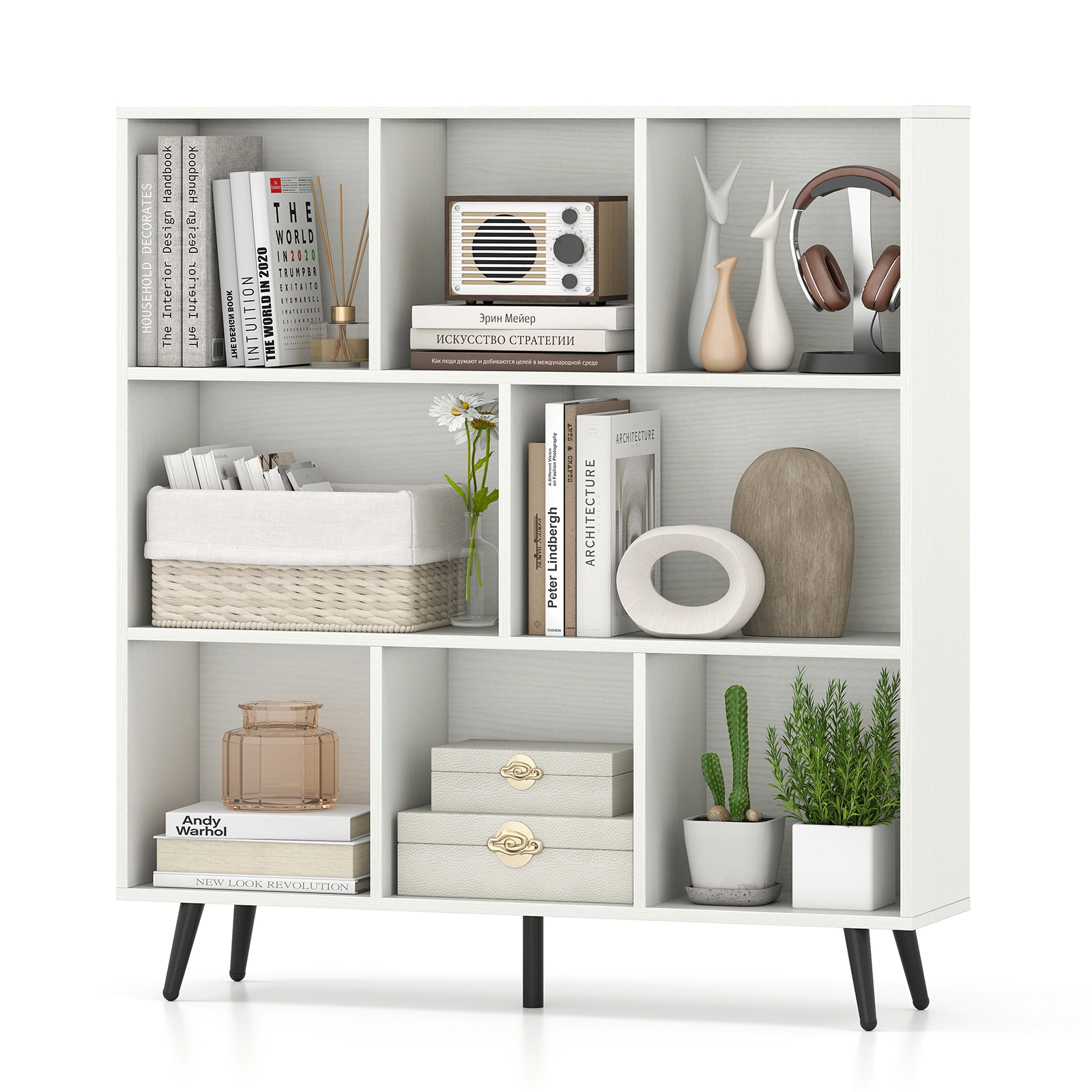 SUGIFT White 8-Cube Bookcase with 5 Tapered Metal Legs and Anti-Tipping Kits