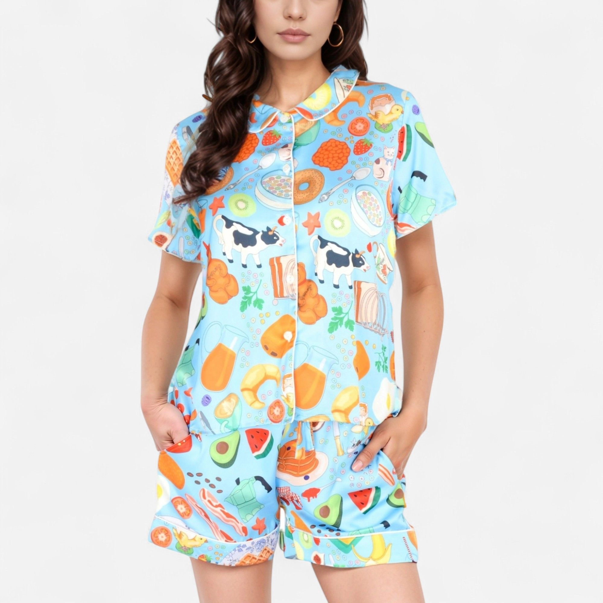 Anna-Kaci Women's Breakfast Print Pajama Set Short Sleeve Button Up Top and Elastic Waist Shorts Two-Piece Sleepwear