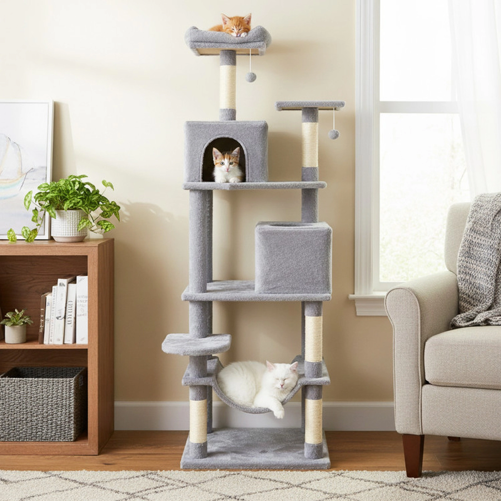 SUGIFT 58-in Gray Multi-Level Modern Cat Tree Tower with 2 Wide-Entry Condos Basket Hammock and Perch