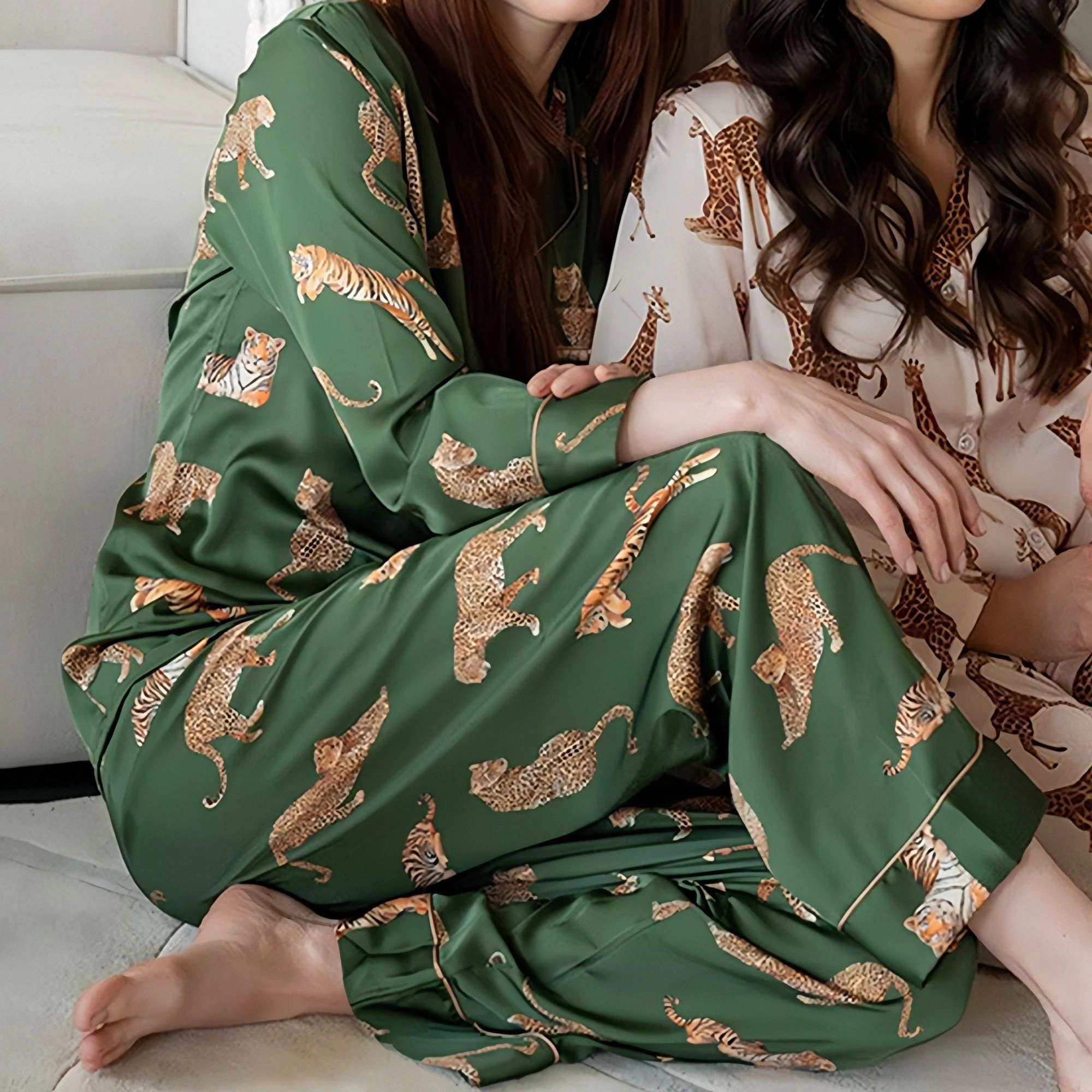 Anna-Kaci Women's Long Sleeve Button Front Pajama Set with Tiger Print and Satin Finish