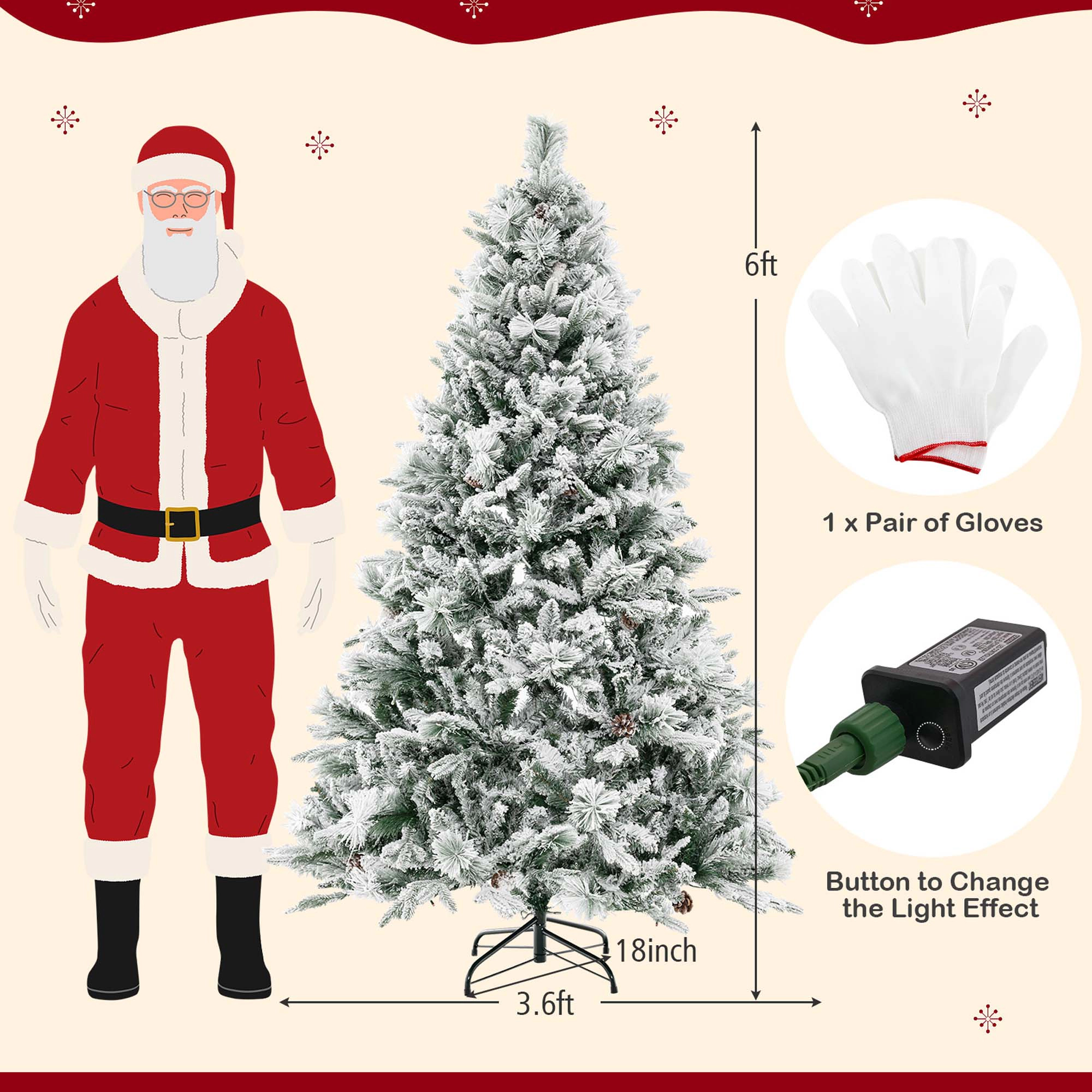 Costway 7 FT Pre-Lit Snow Flocked Christmas Tree Hinged Xmas Tree with 8 Modes 320 Lights