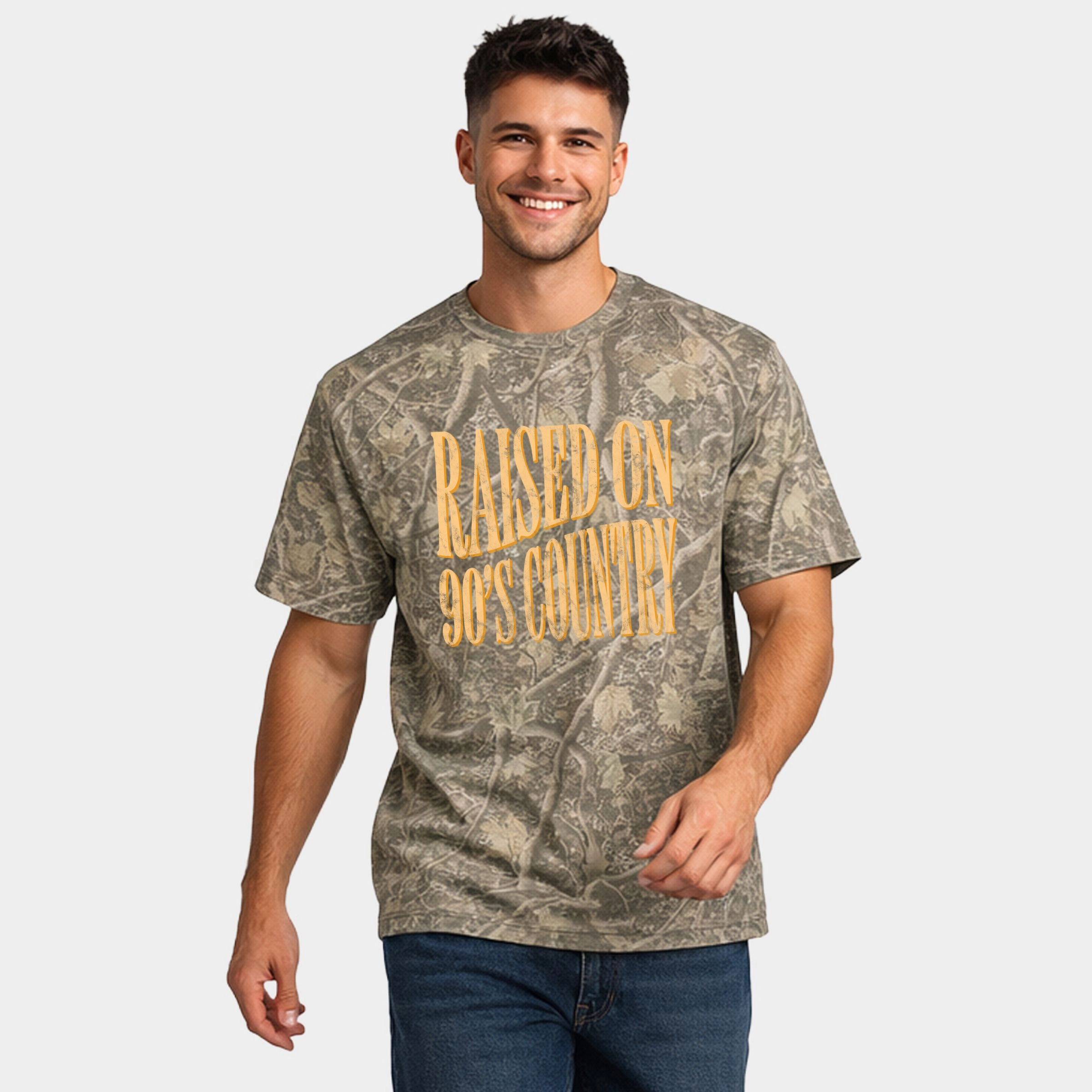 Simply Sage Market - Men's Heavyweight Camo Tee Raised on 90s Country Distressed