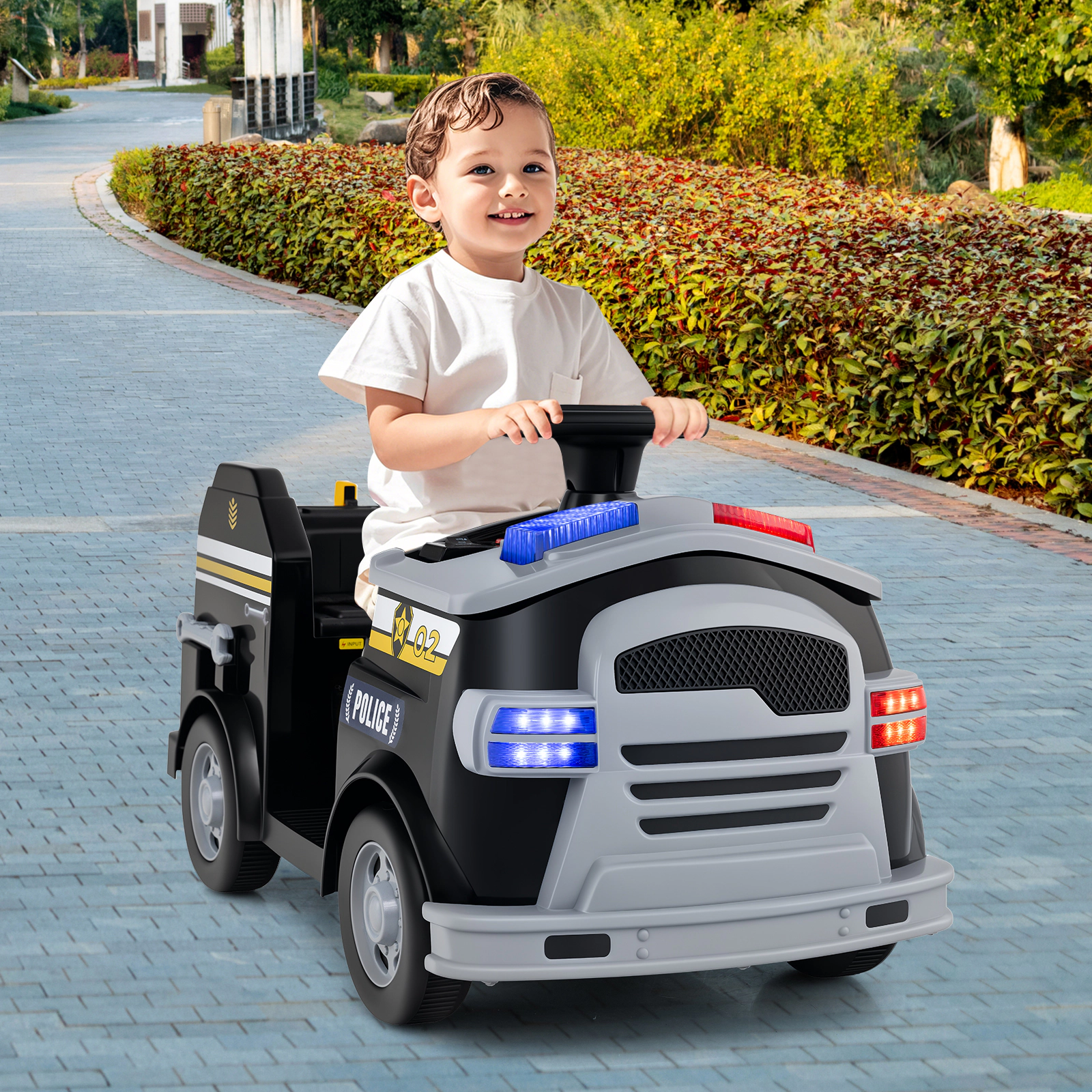 SUGIFT 12V Ride-On Fire Truck Toy Car with Shovel and Wrench 55-lb Capacity Ages 37-95 Months Black