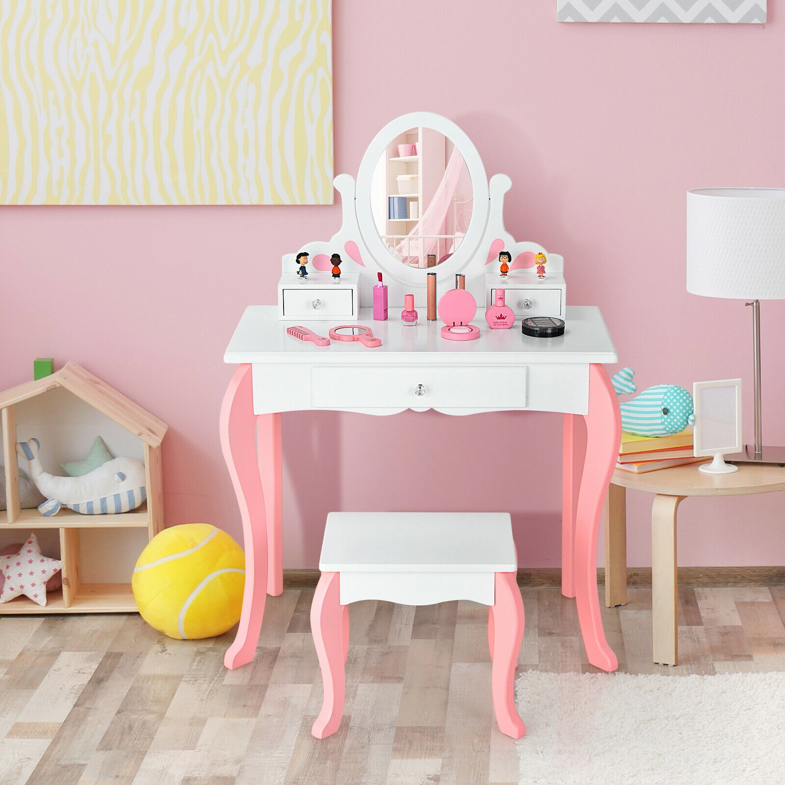 SUGIFT Kids Vanity Table and Stool Set White with 360 Degree Rotatable Detachable Mirror