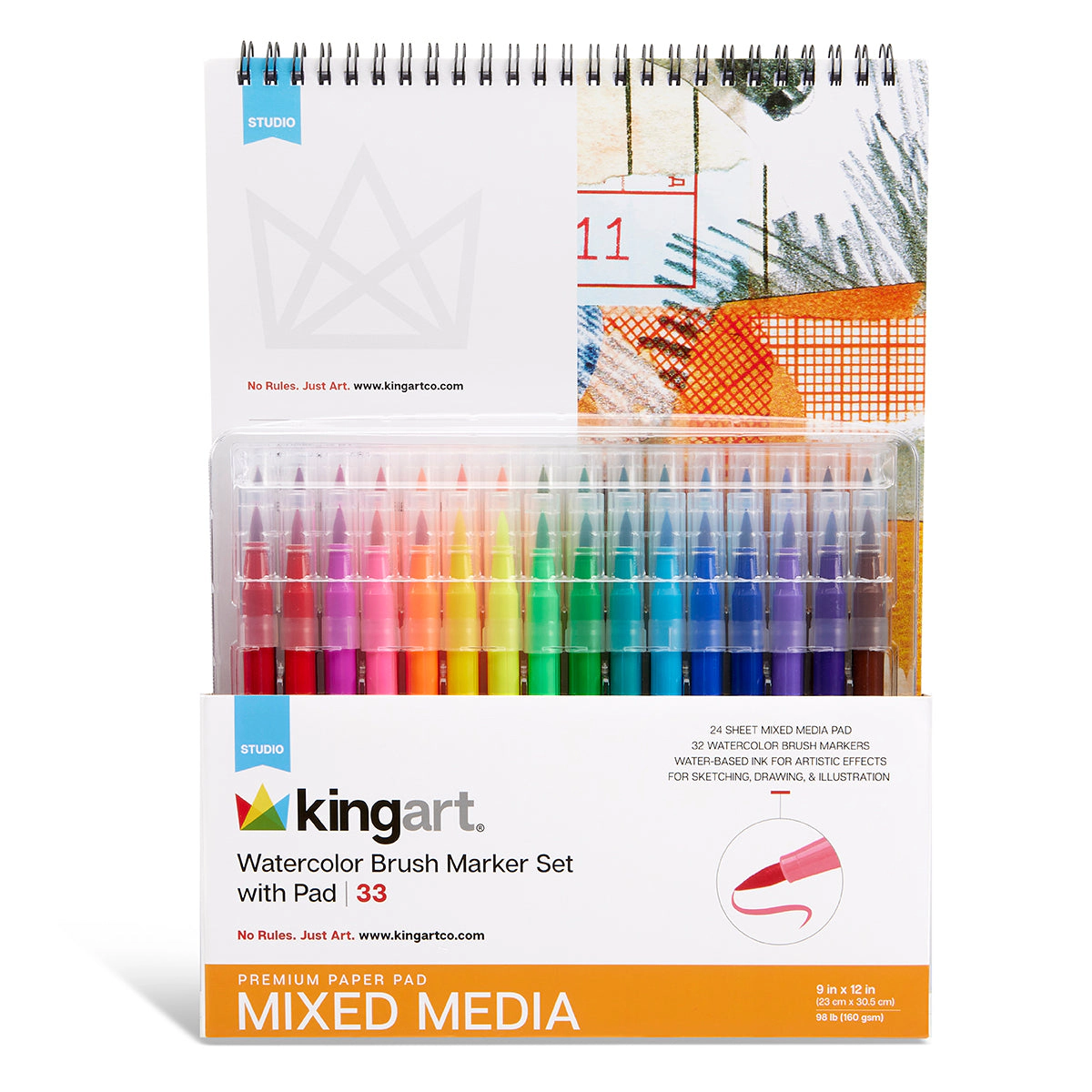 KINGART Watercolor Brush Marker Set with Mixed Media Pad - 33 Pieces
