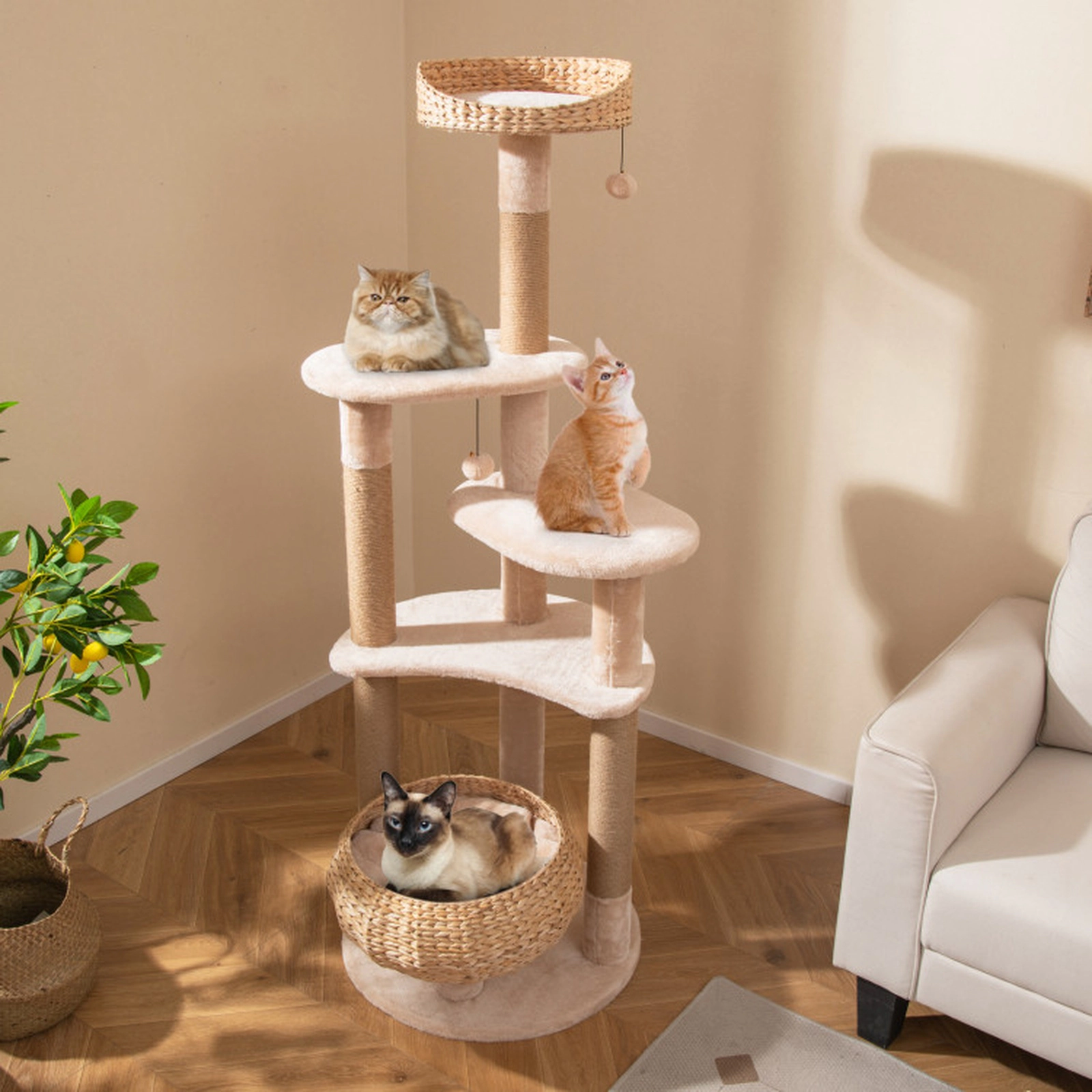 SUGIFT Multi-Level Cat Tree with Top Perch Condo Hammock and Scratching Posts 22-lb Capacity Beige Natural