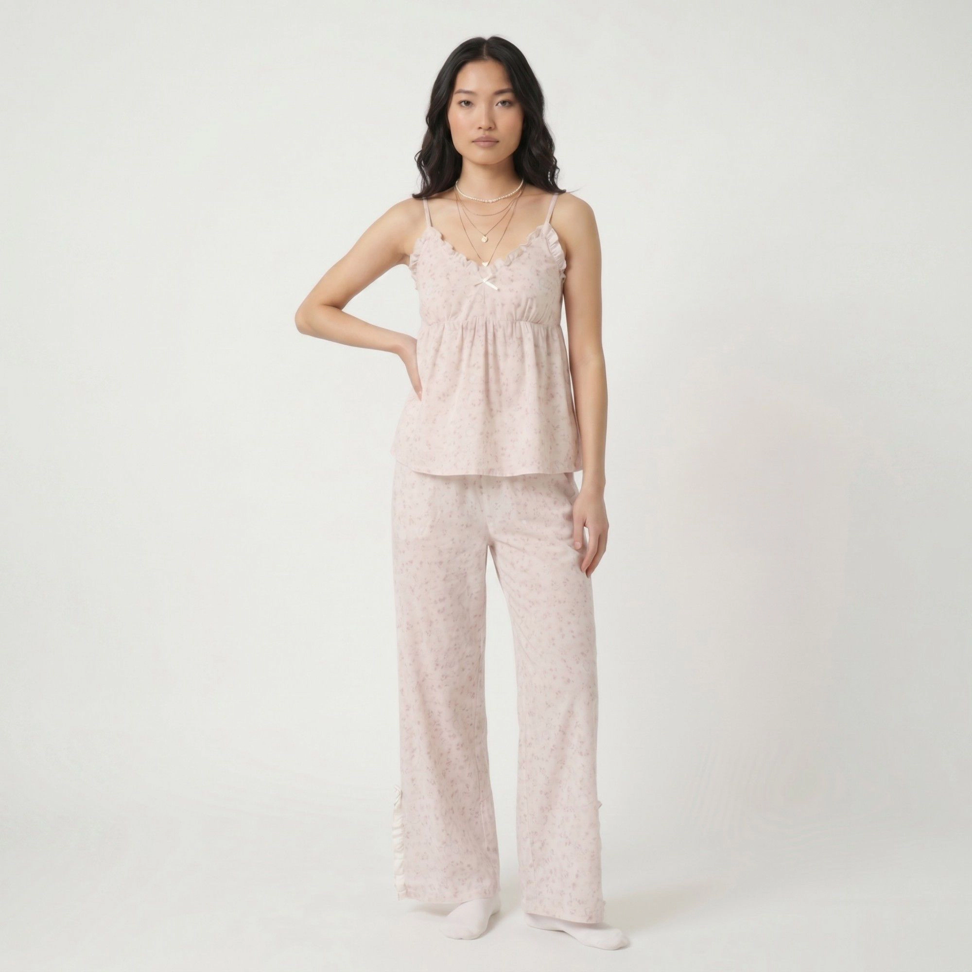 Anna-Kaci Women's 2-Piece Floral Ruffle Cami Top and Wide Leg Pants Sleepwear Lounge Set with Bow Detail Relaxed Fit
