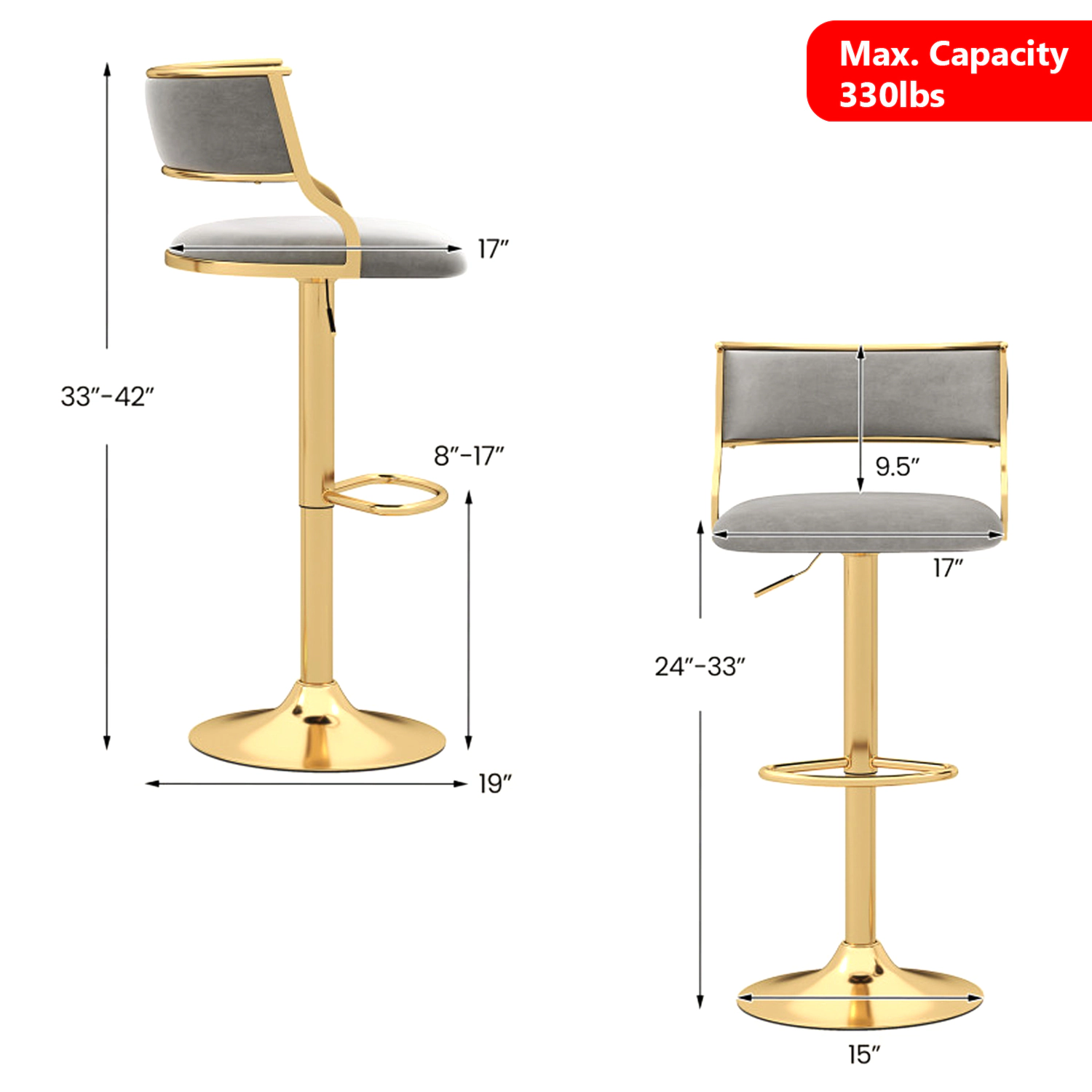 Hivvago Set of 2 Swivel Dutch Velvet Bar Stools with Adjustable Height for Kitchen Island