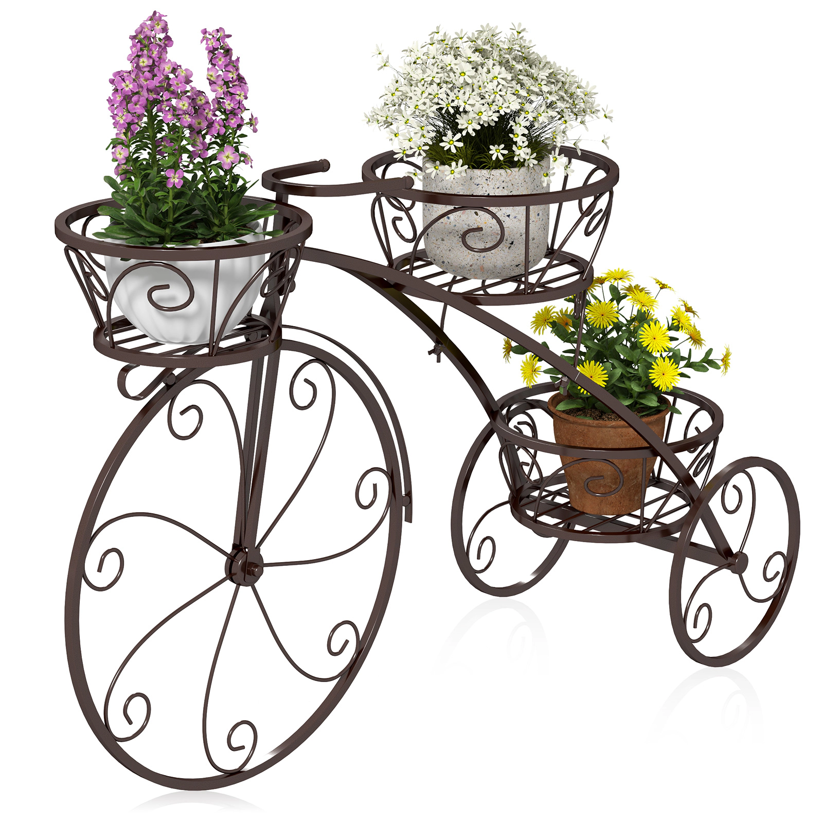 SUGIFT 3-Tier Tricycle Bicycle Metal Planter Flower Pot Stand Cart with Openwork Baskets for Patio