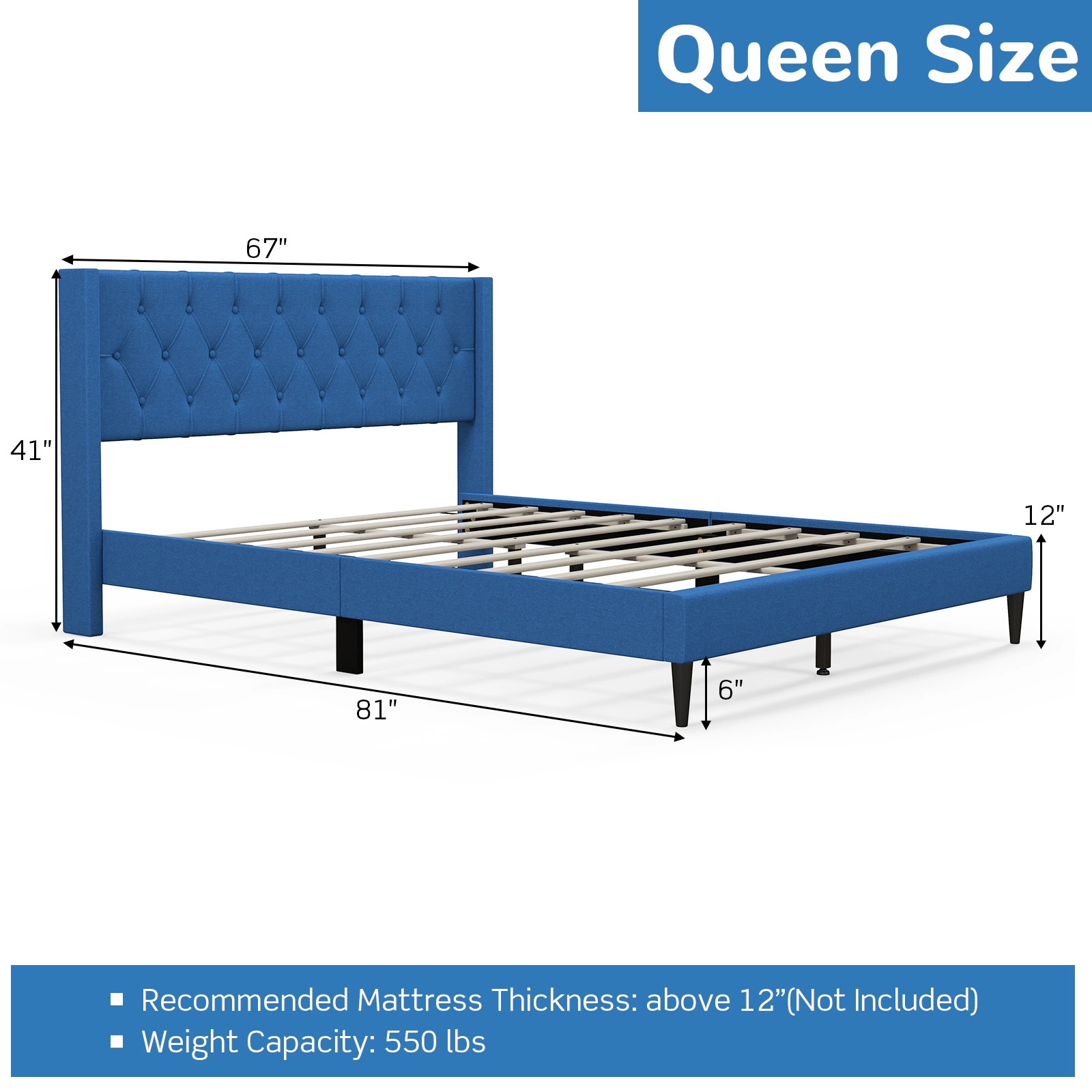 SUGIFT Button Tufted Wingback Upholstered Queen Platform Bed Frame 550-lb Capacity 81-in Long 12-in Footboard Blue Gray