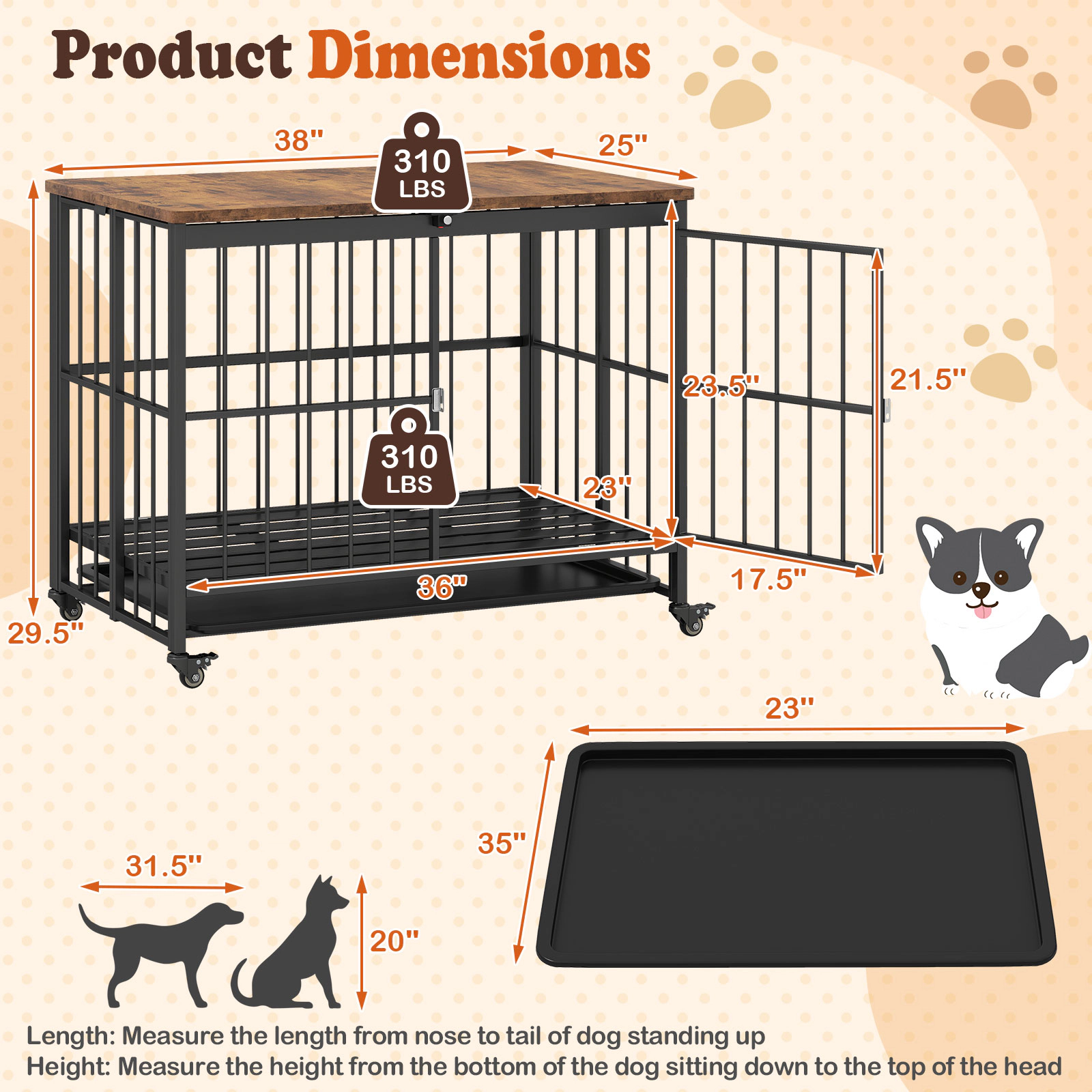 SUGIFT 38-in Foldable Dog Crate Furniture Side Table with Lockable Front Door Flip-Top and Removable Tray