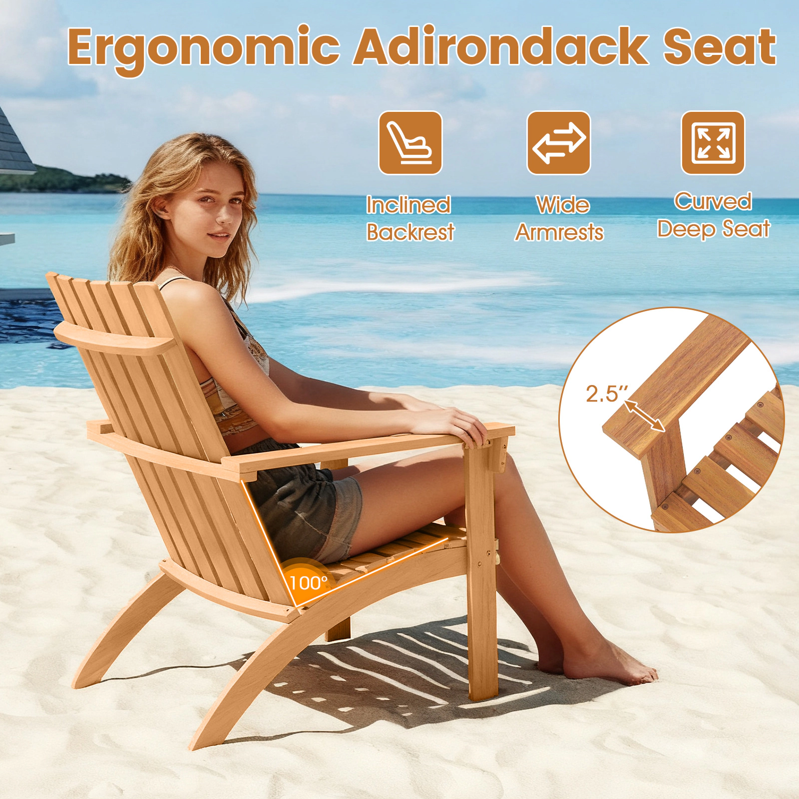 Hivvago Outdoor Acacia Wood Adirondack Chair with Slanted Seat and Tall Backrest for Patio or Porch