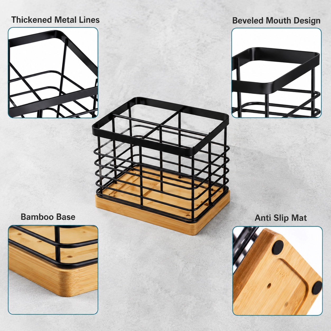 WZK Extra Large 4 Compartment Metal Wooden Base Kitchen Utensil Holder