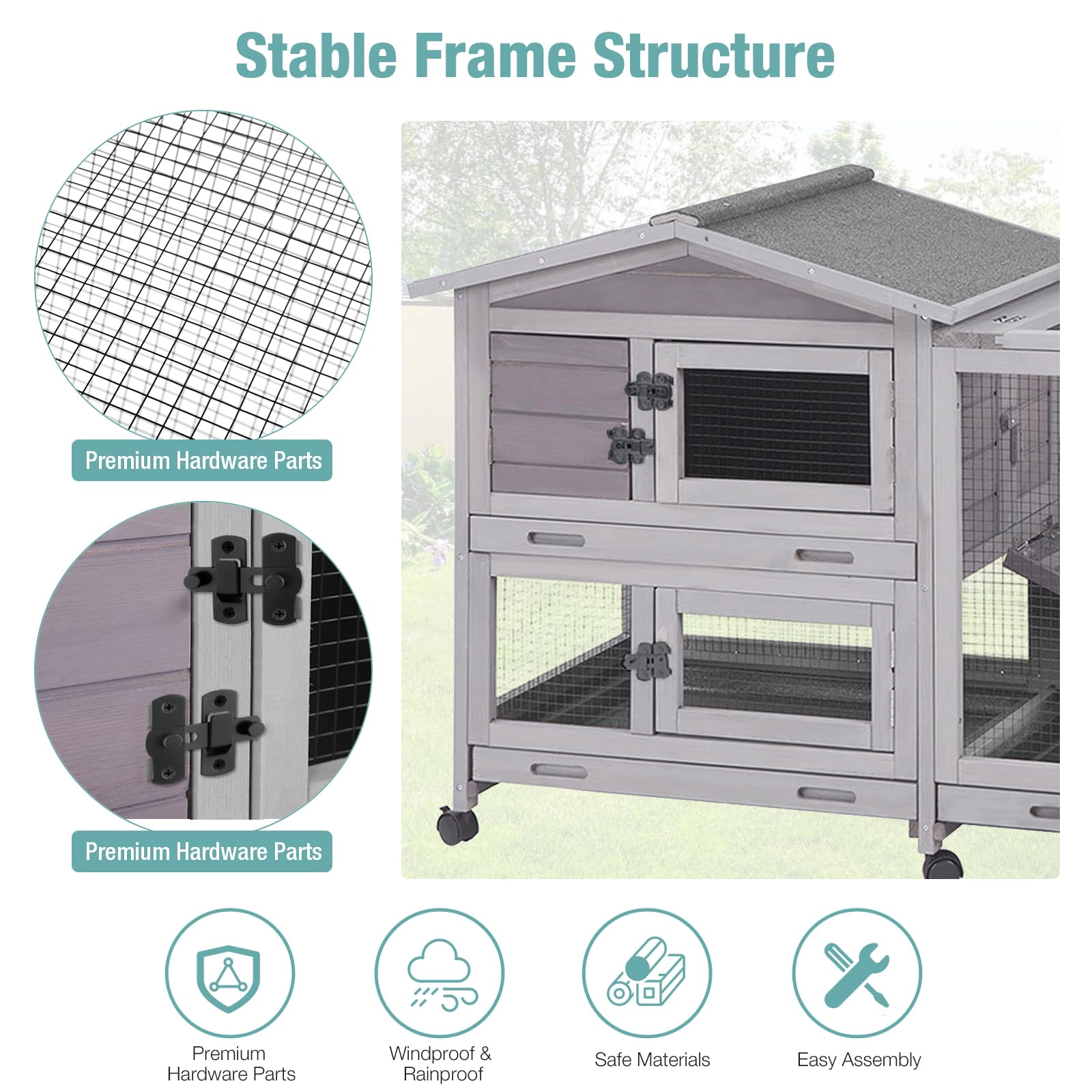 Wood-Metal Rabbit Chicken Coop Hutch, Indoor Pet Cage with Pull-Out Tray & Running Space Full Fittings
