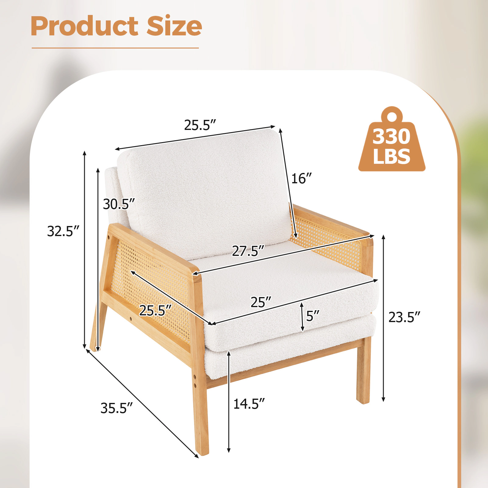 LJG Mid Century Modern Accent Chair with Rattan Arms and Cushion