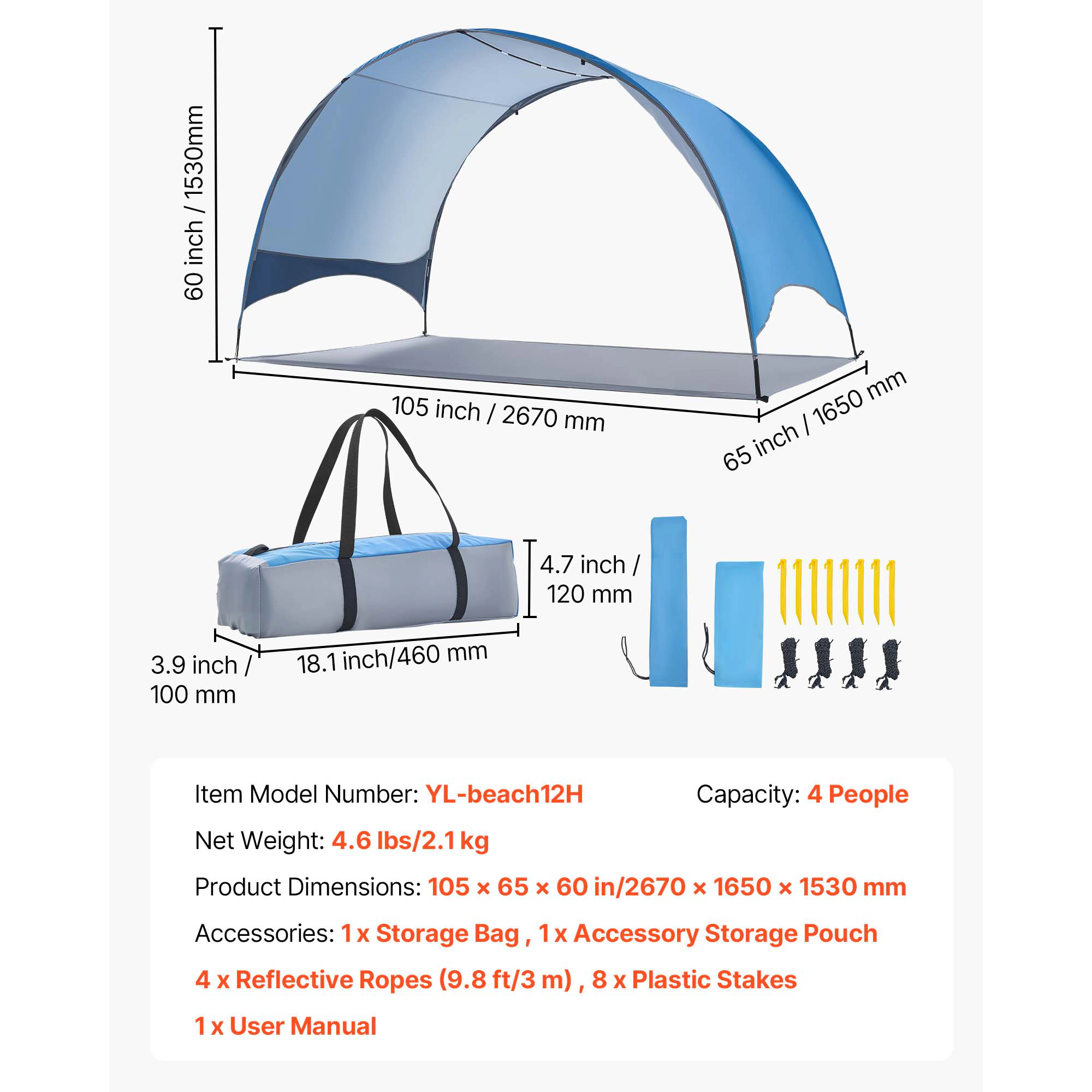 HONGGE Beach Tent Sun Shelter for UPF 50+ Protection Portable Sun Shade Canopy with Carrying Bag & Ground Stakes