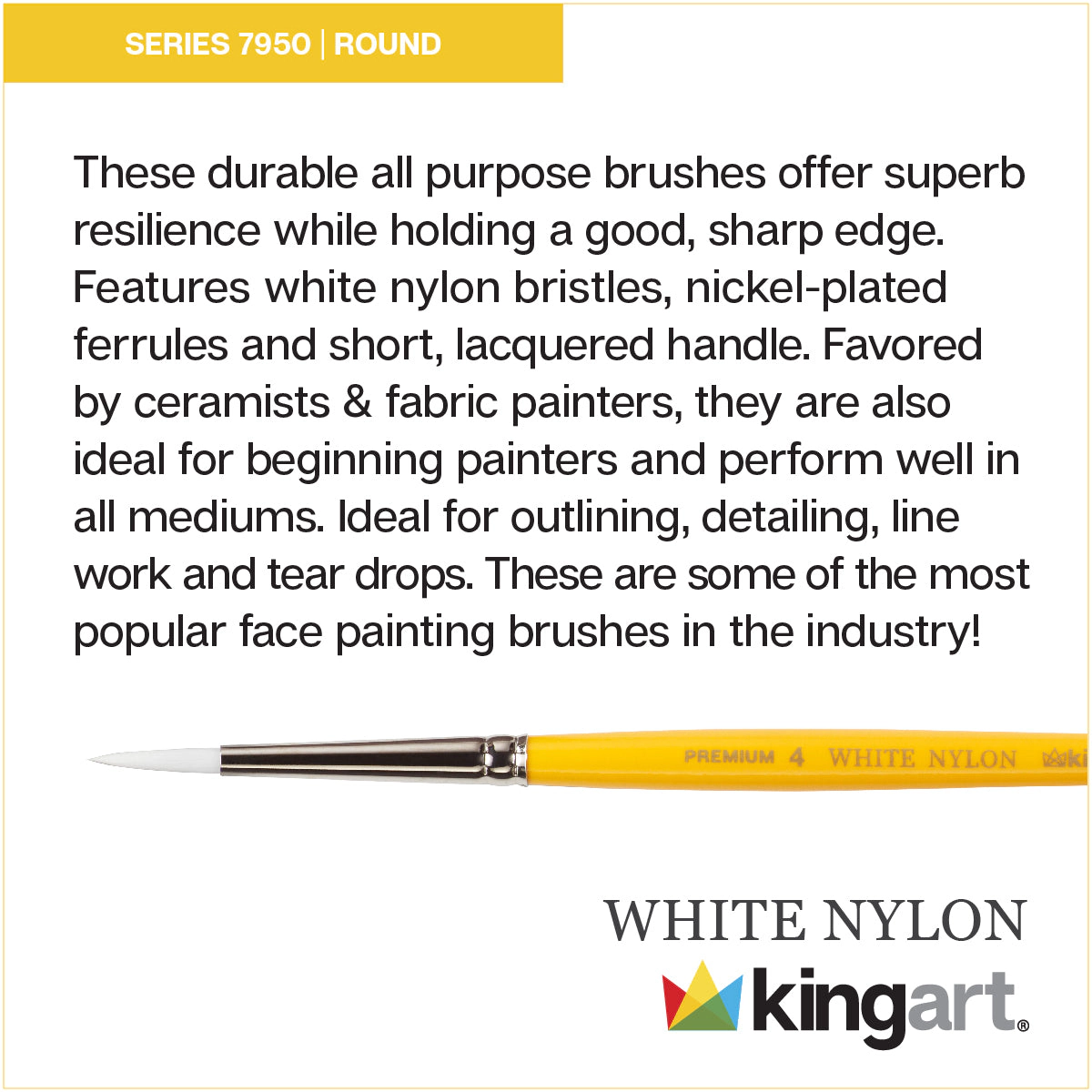 KINGART White Nylon 7950 Round Short Handle Brush Set - 8 pc