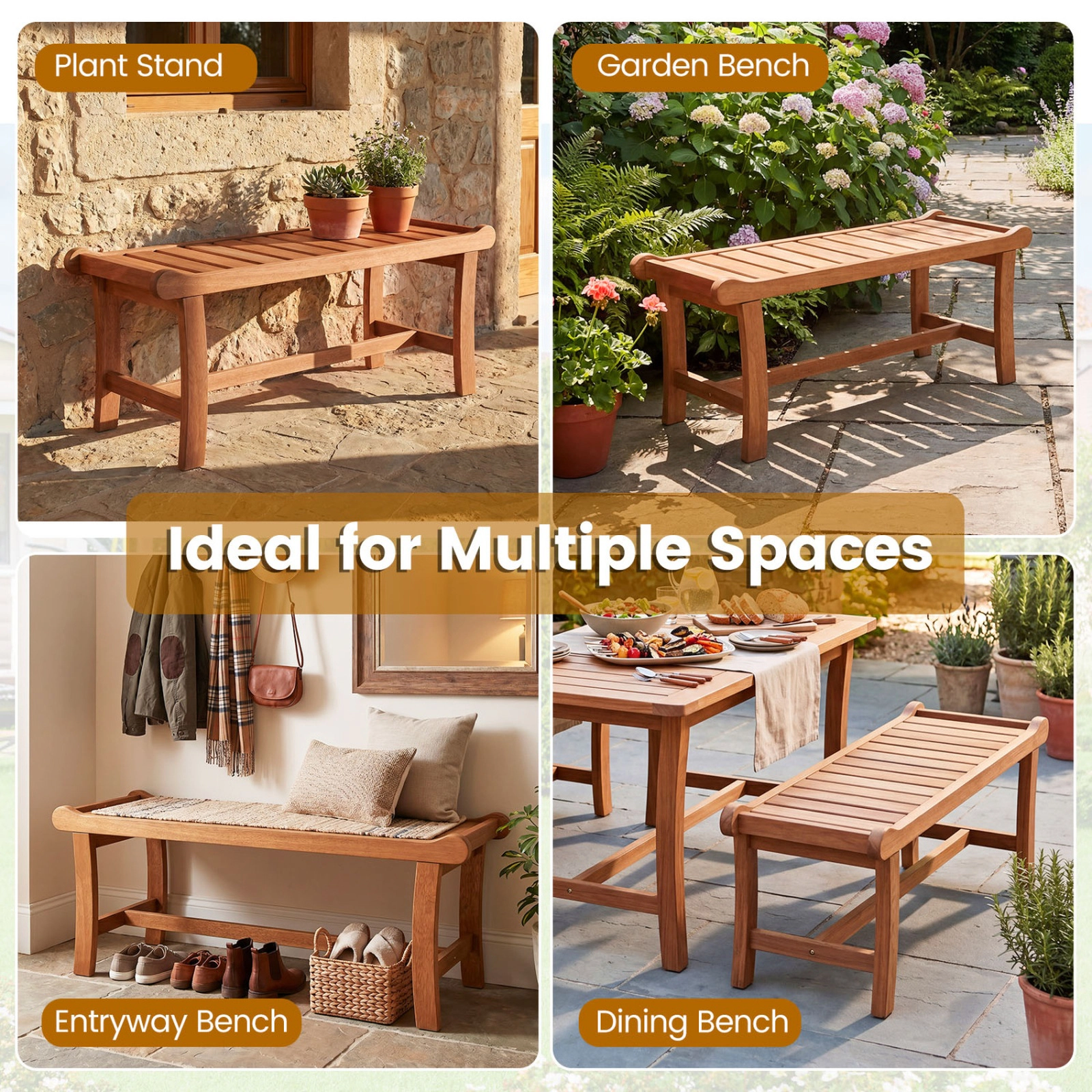 SUGIFT 2-Person Outdoor Mixed Hardwood Bench with Slatted Seat and Raised Edges 530-lb Capacity Orange Set of 2