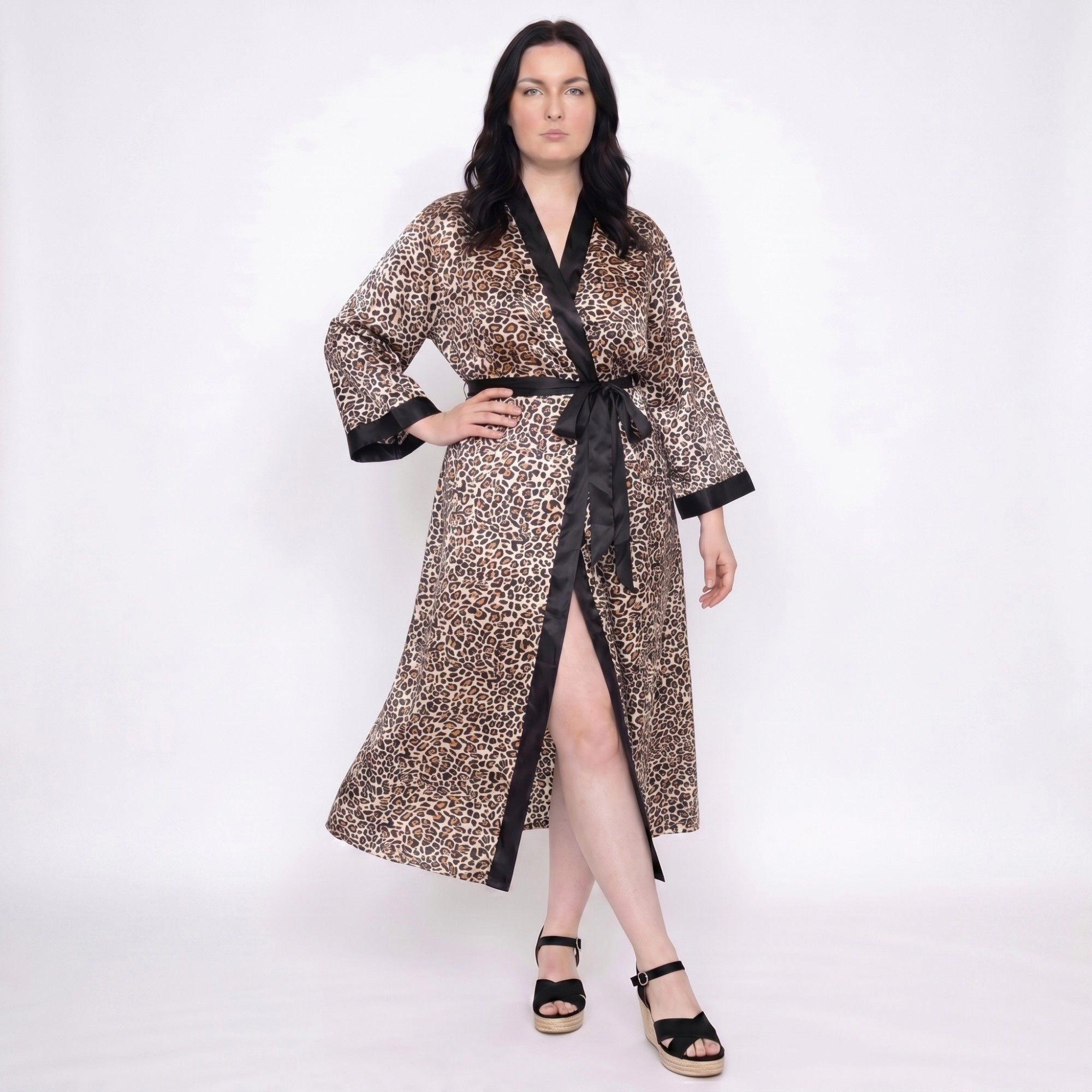 Anna-Kaci Women's Plus Leopard Print Satin-Like Wrap Robe with Long Kimono Sleeves Contrast Trim and Self Tie Waist