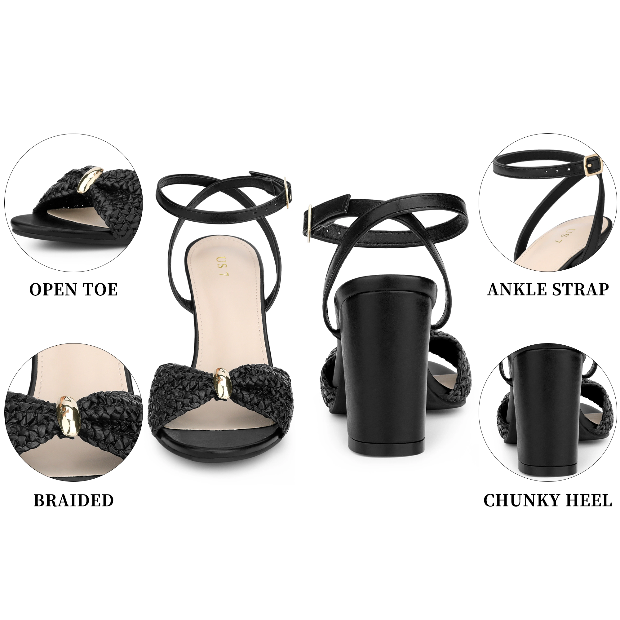 BLISSFUL STEP Women's Raffia Knot Open Toe Ankle Strap Chunky Heel Dress Sandals