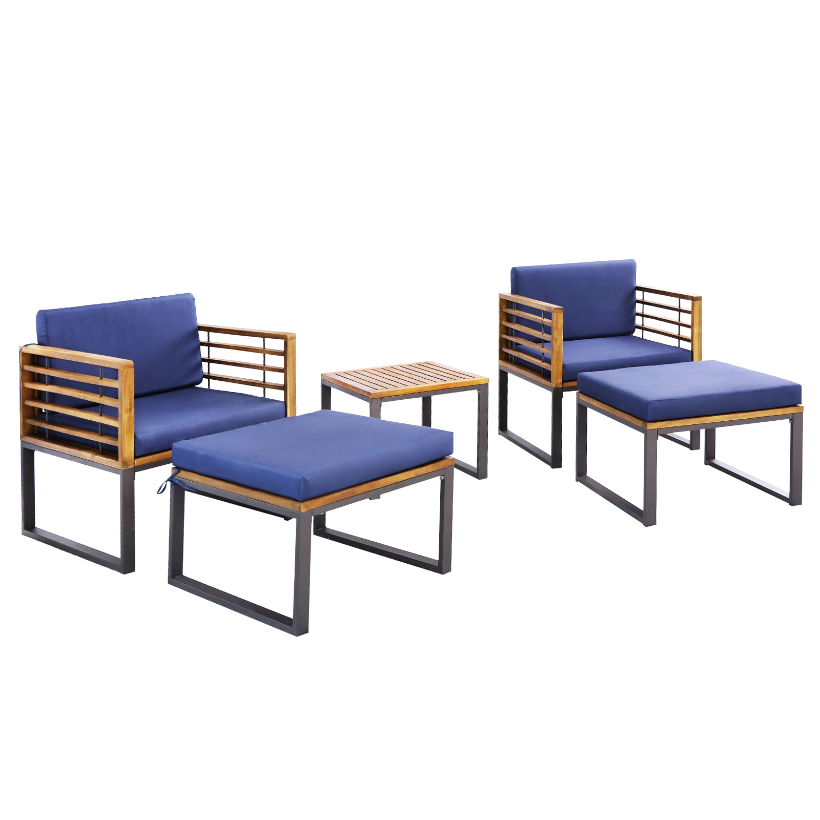 LJG 5 Piece Patio Acacia Wood Chair Set with Ottomans and Coffee Table
