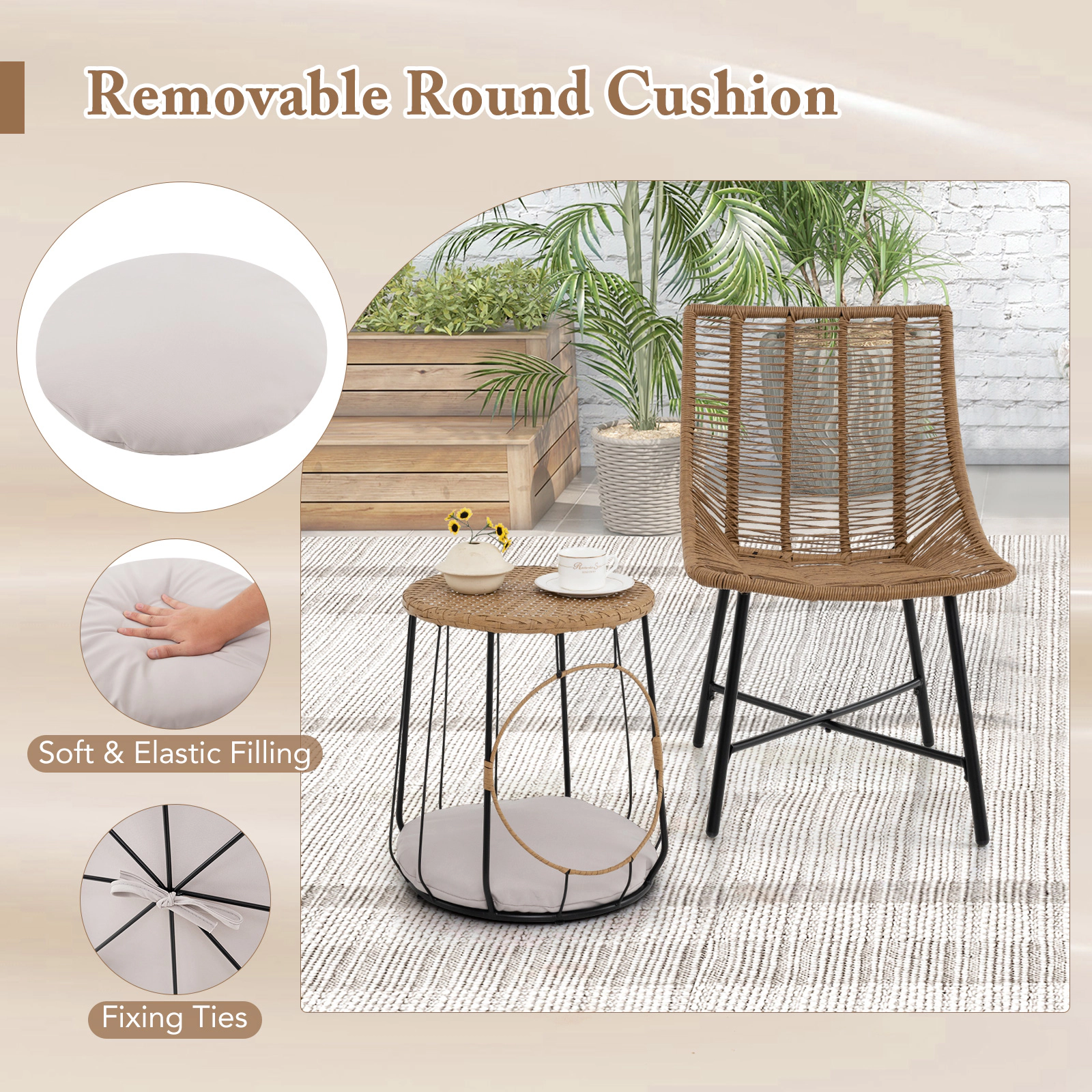 SUGIFT 2-in-1 Side Table and Pet House 3-Piece Brown Patio Rattan Chair Set
