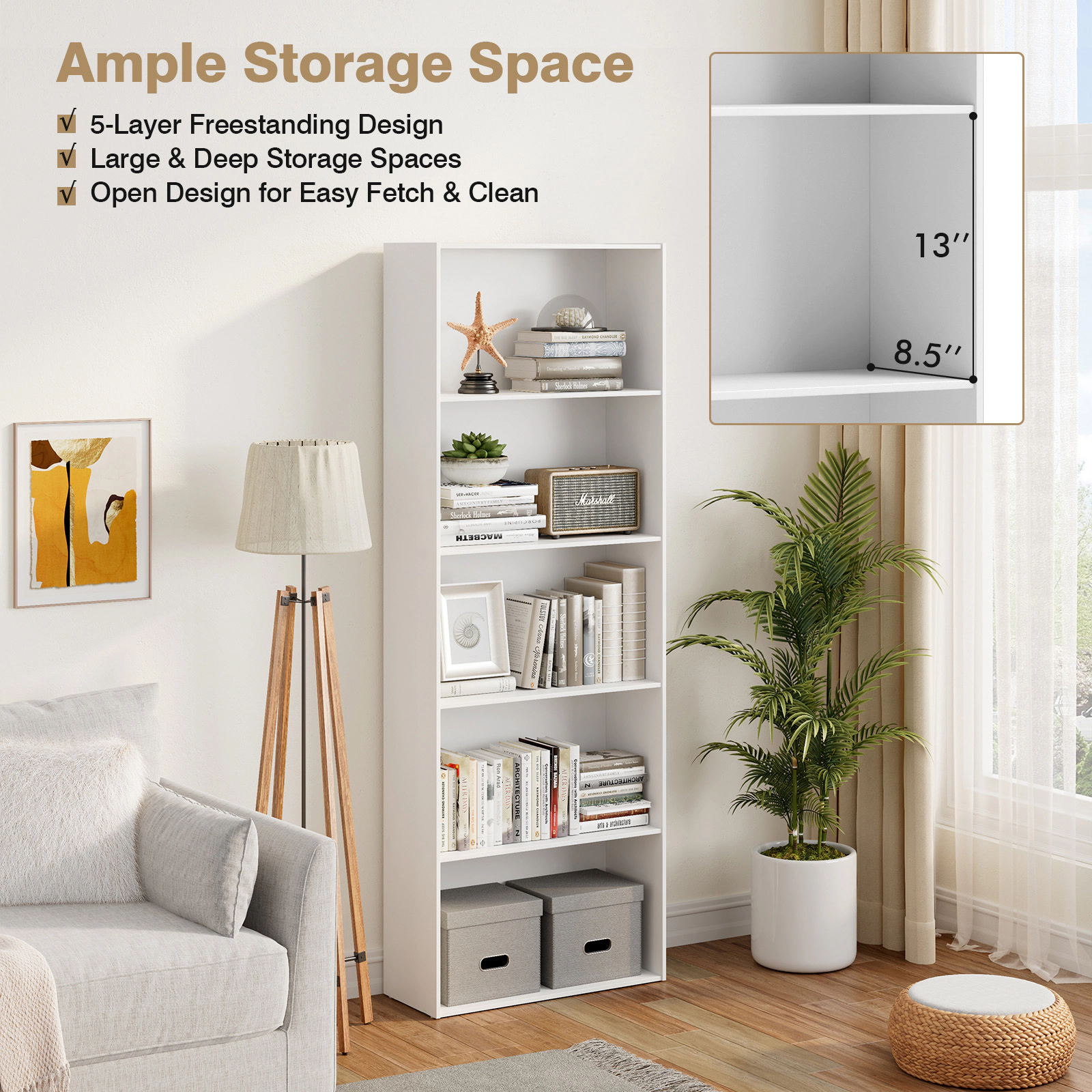 SUGIFT 5-Shelf Modern Engineered Wood Storage Bookcase 24 x 9.5 x 67-in Display Cabinet 45-lb Tier Capacity White