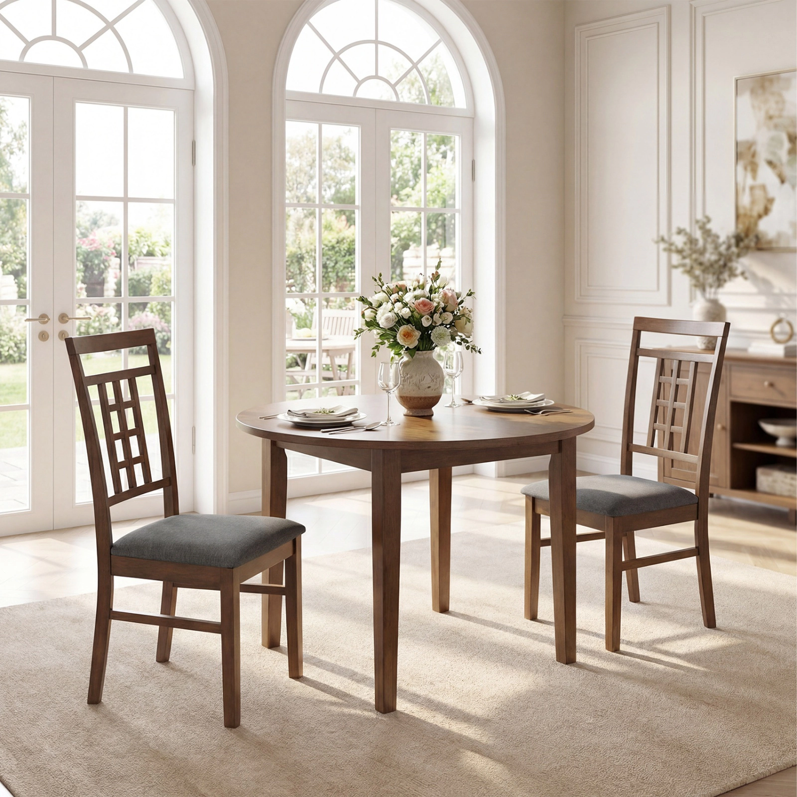 SUGIFT Set of 4 Brown Farmhouse Dining Chairs, Rubber Wood, Lattice Back, Armless