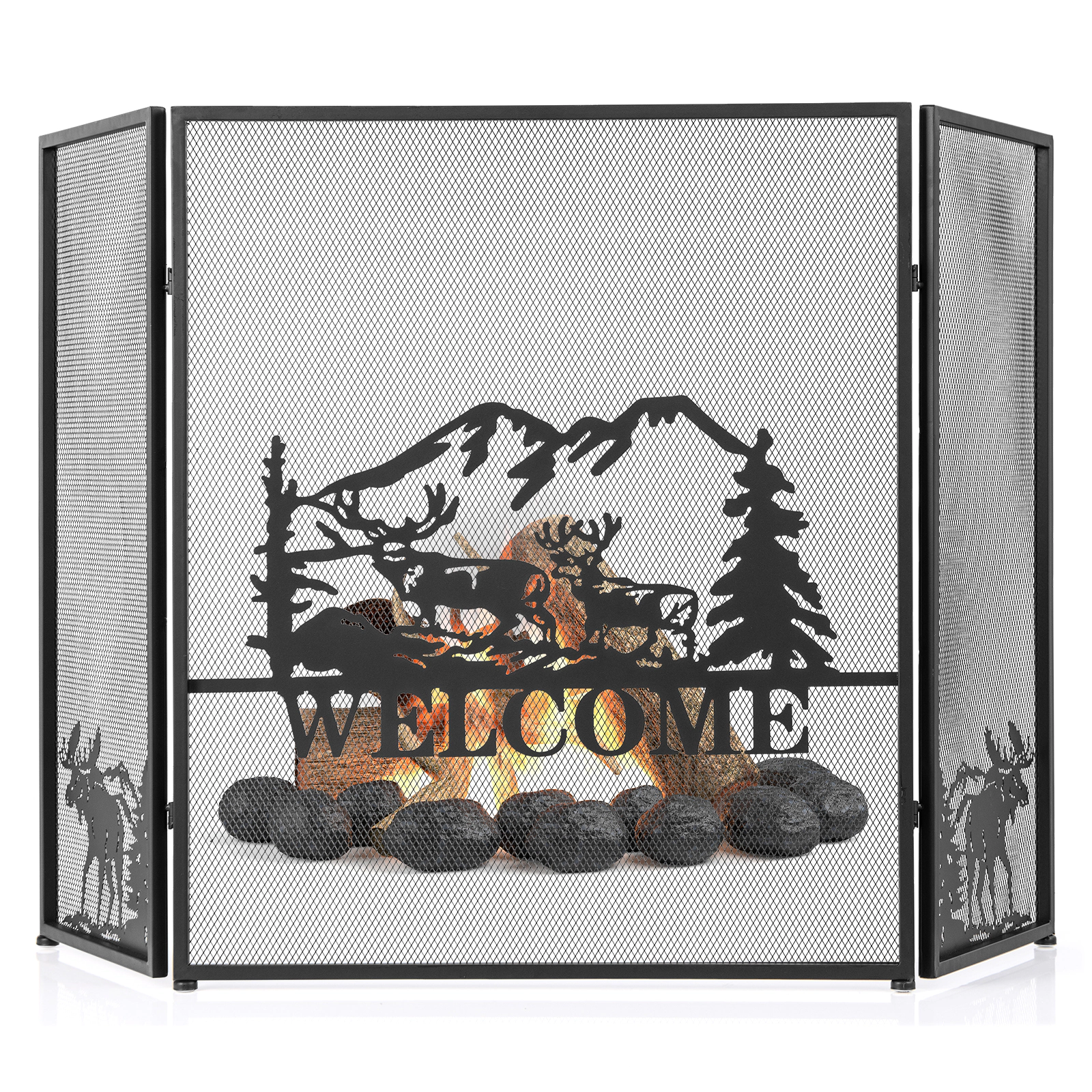 SUGIFT 52-in x 31-in 3-Panel Folding Mesh Metal Freestanding Fireplace Screen Deer Scene Spark Guard Black