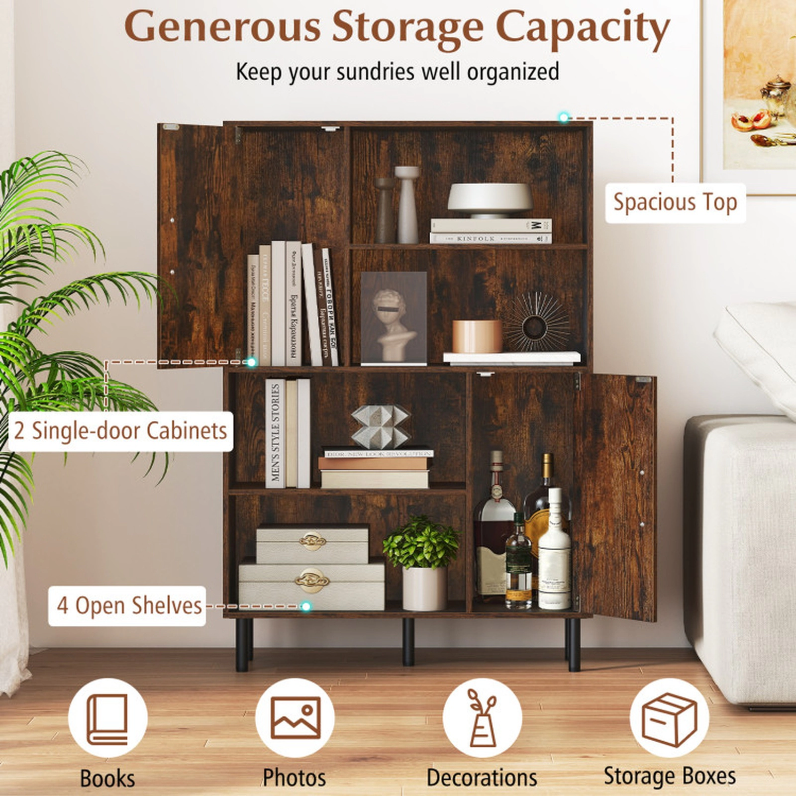 SUGIFT 47-in Storage Cabinet Freestanding Bookcase with 2 Doors 4 Open Shelves 176-lb Capacity Rustic Brown