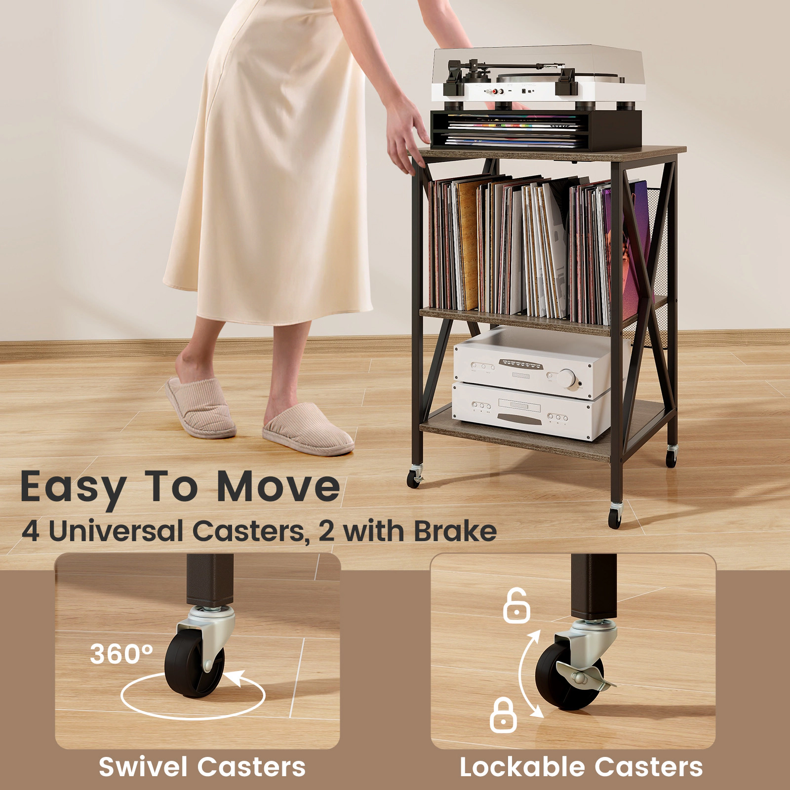 SUGIFT Mid-Century Record Player Stand Accent Table Built-in Charging Station 110-lb Top Capacity Rustic Brown Gray Oak