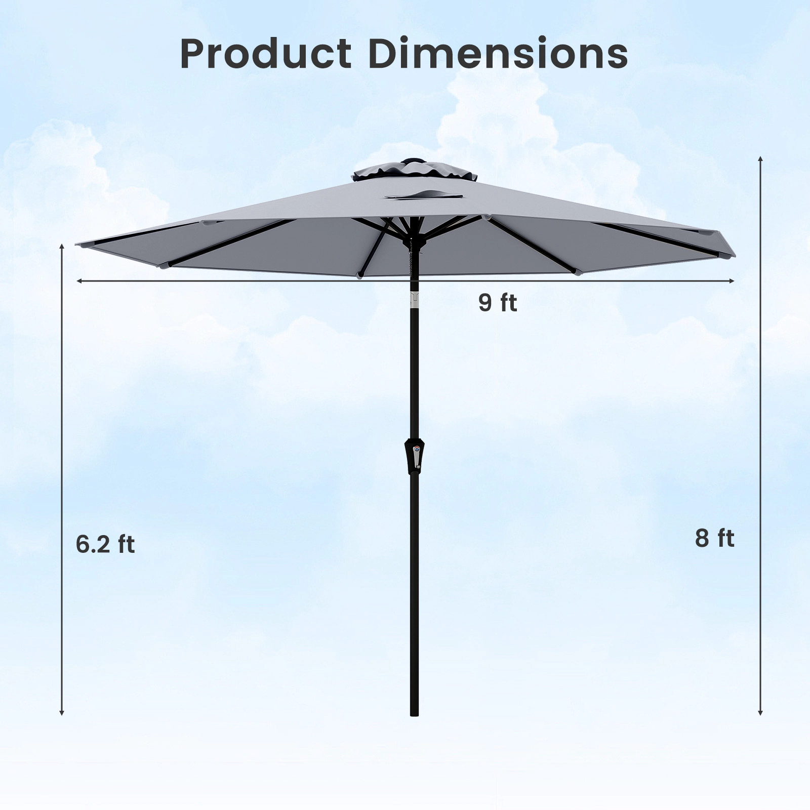 SUGIFT 9-ft Outdoor Market Patio Table Umbrella with Push Button Tilt Crank Lift Gray
