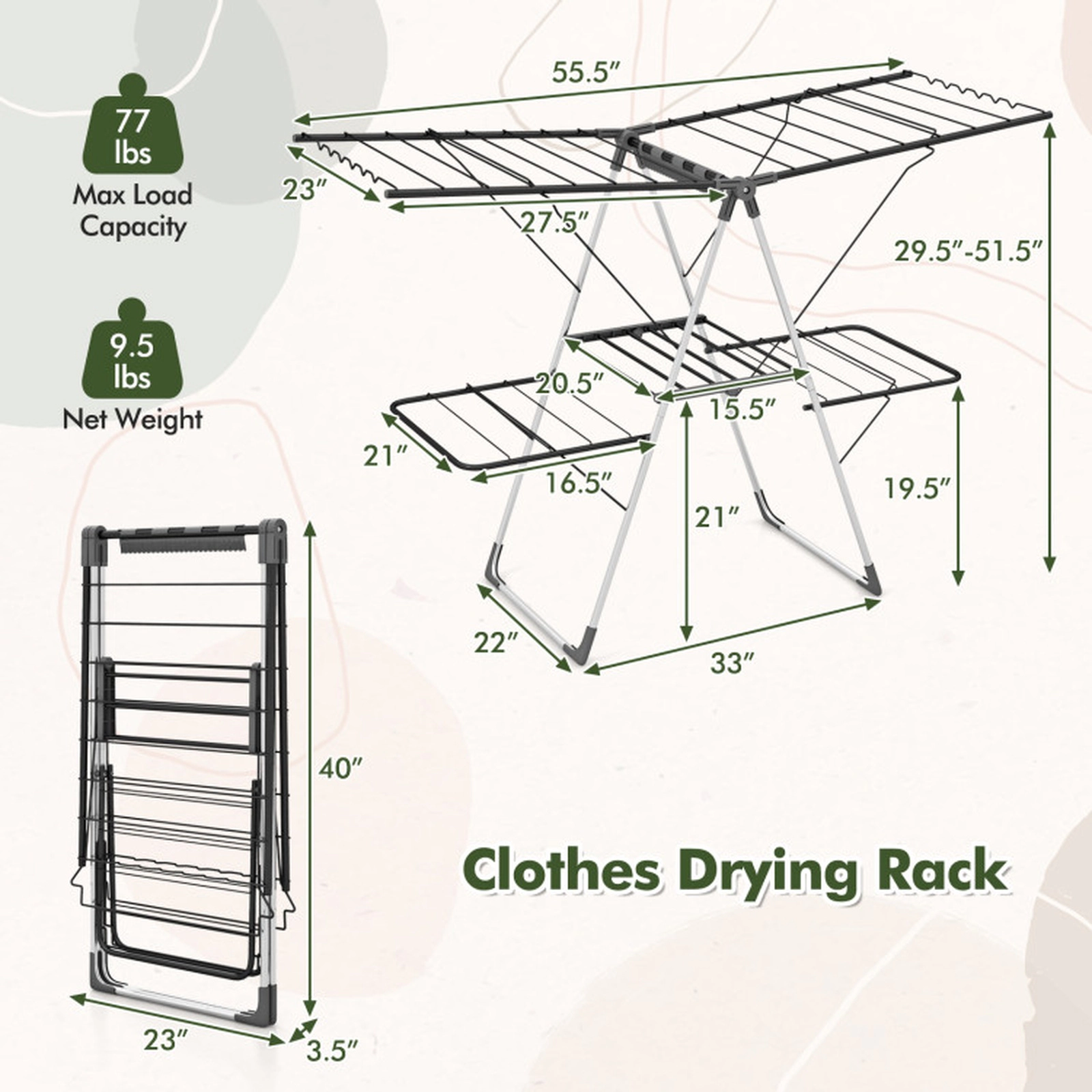 SUGIFT 2-Tier 33 Drying Rails 5-Position Gullwings Folding Laundry Rack 55.5-in Long 77-lb Capacity Silver