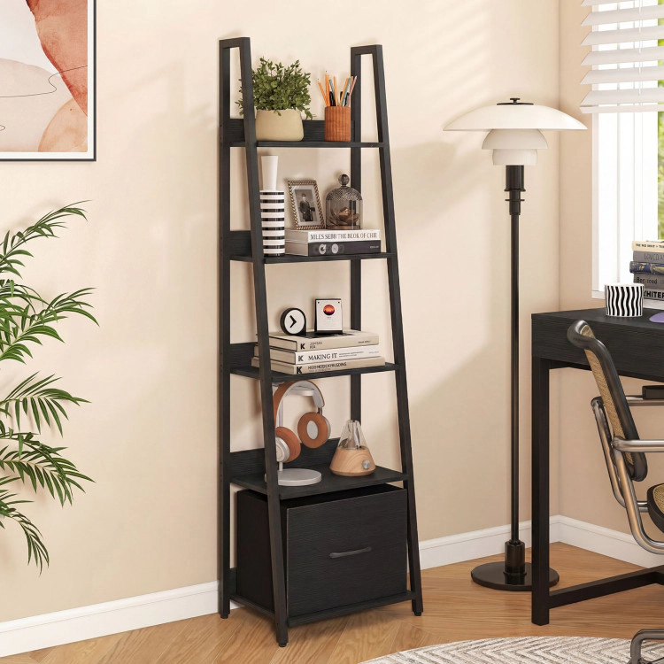 Hivvago 5-Tier Ladder Bookshelf with Fabric Drawer for Living Room and Home Office