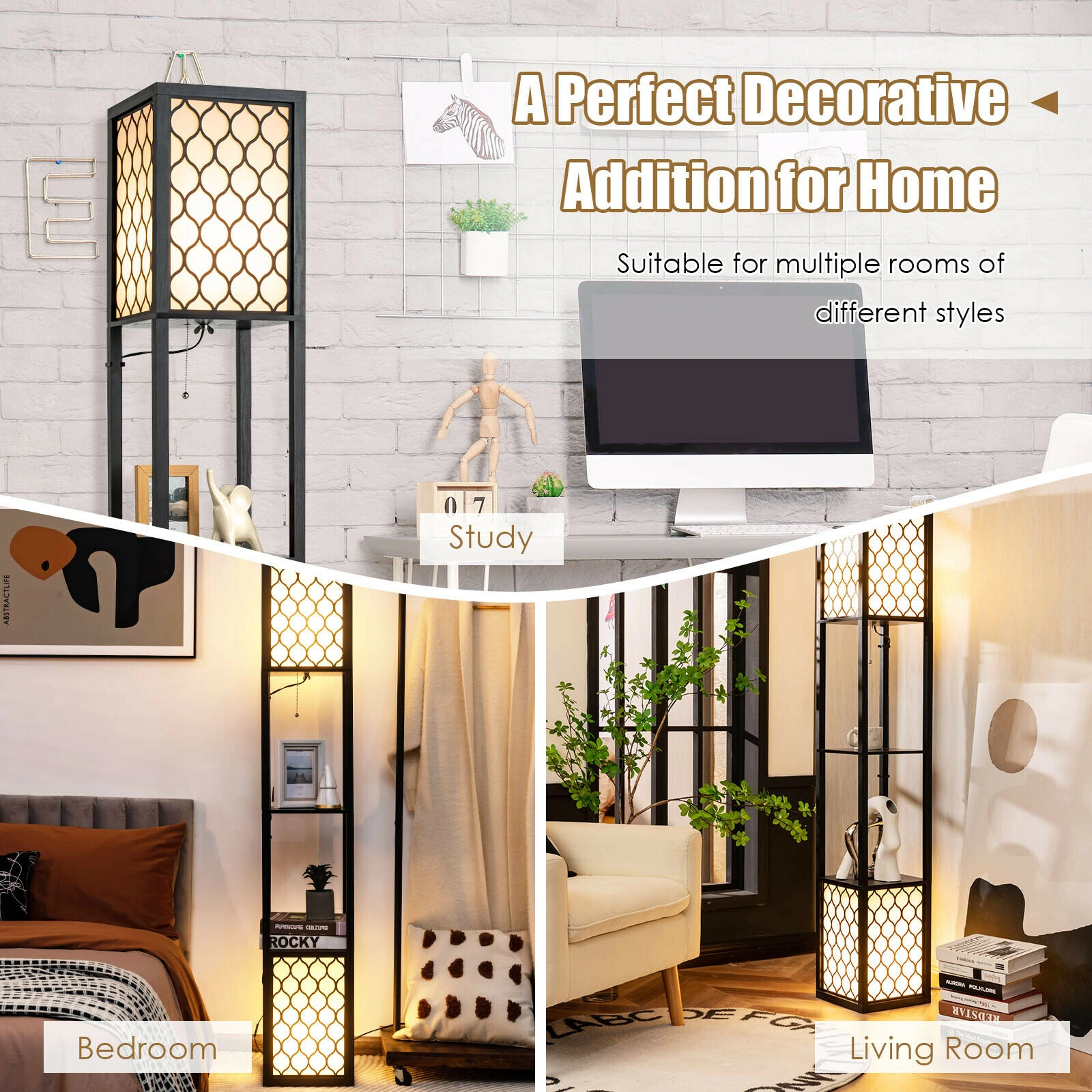 SUGIFT 2-Light 2-Tier Shelf Pull Chain Foot Switch Floor Lamp 10-in x 10-in x 62-in 60W Max E26 Bulbs Black