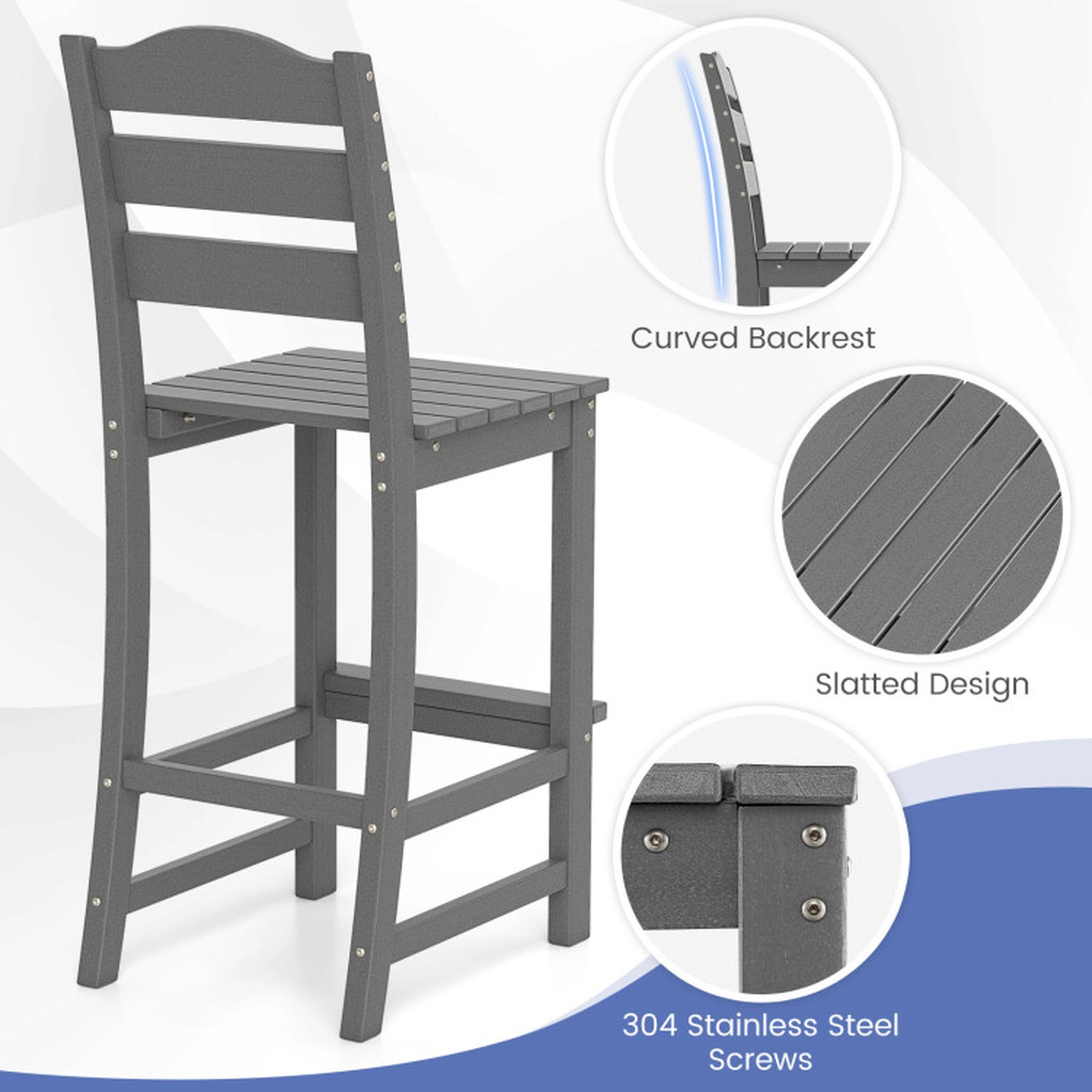SUGIFT Gray Backs Set of 2 30 Inch HDPE Outdoor Counter Height Bar Stools