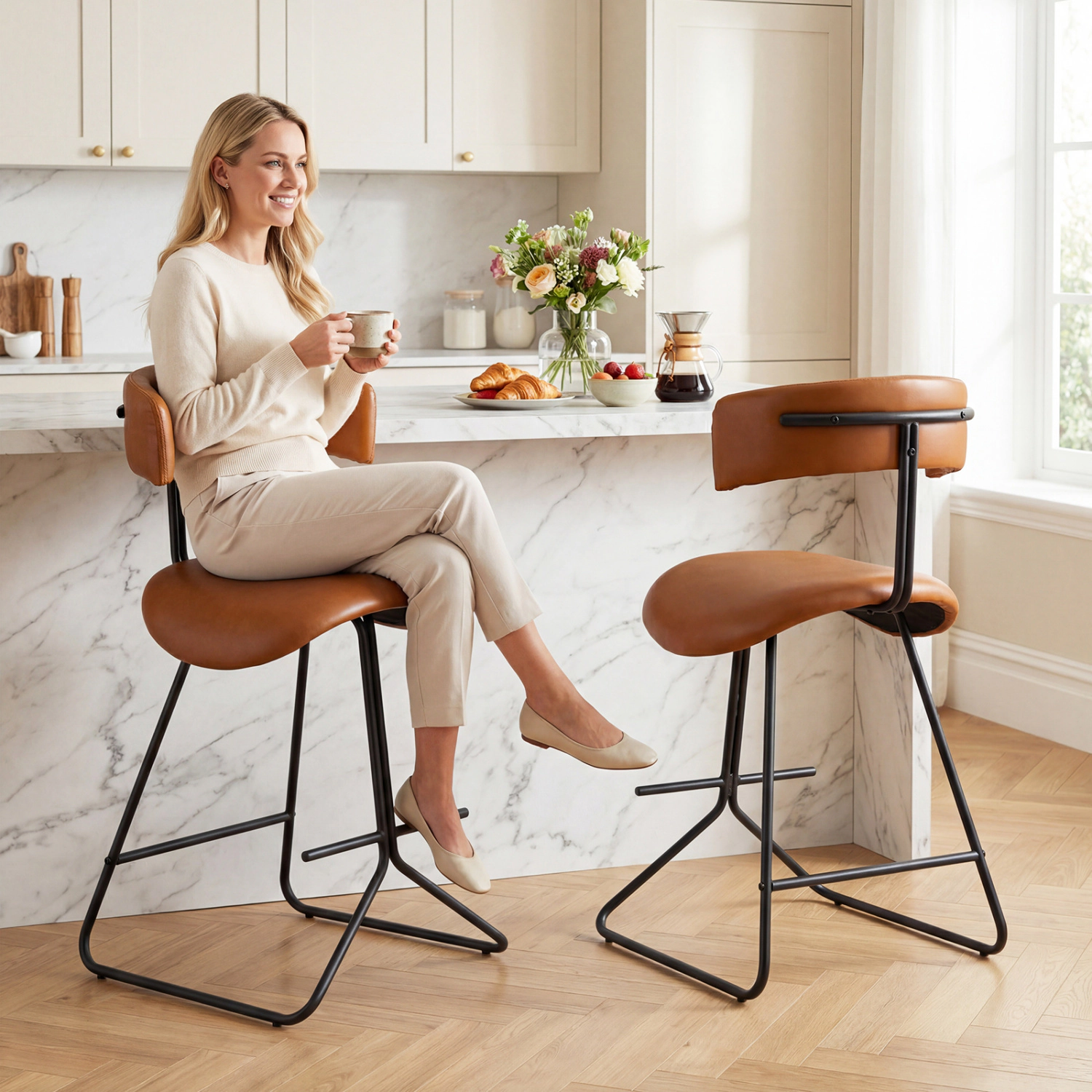 LJG Set of 2 Modern Counter Height Stools 25 Inch Faux Leather Upholstered