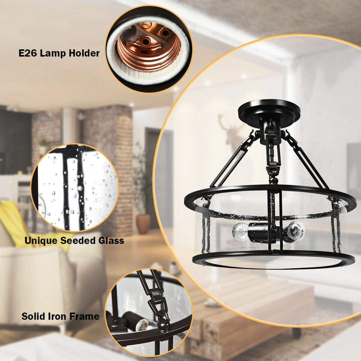 SlickBlue 3-Light Flush Mount Ceiling Light, Seeded Glass, Brown
