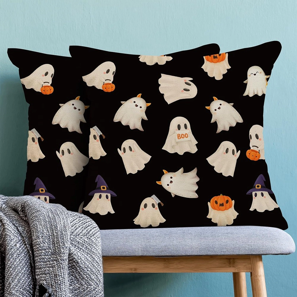 ACPJR Halloween Ghost & Pumpkin Faux Fur Throw Pillow Covers, 18 x Inch, Soft Plush Cushion Cases, Set of 2