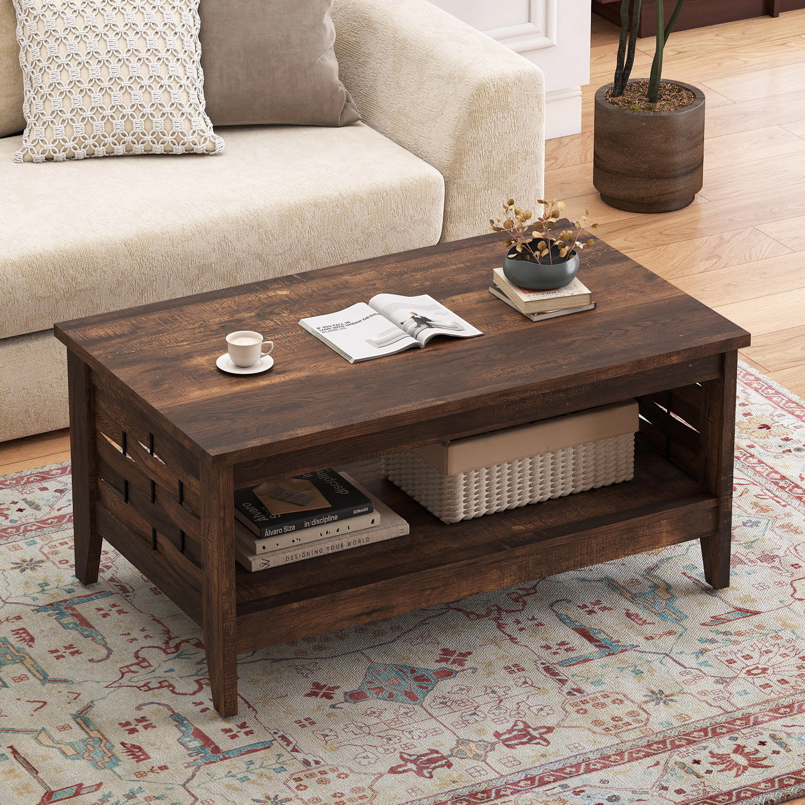SUGIFT 2-Tier Woven Lattice Open Shelf Farmhouse Coffee Table 39.5-in x 23.5-in x 19-in 135-lb Capacity Rustic Brown