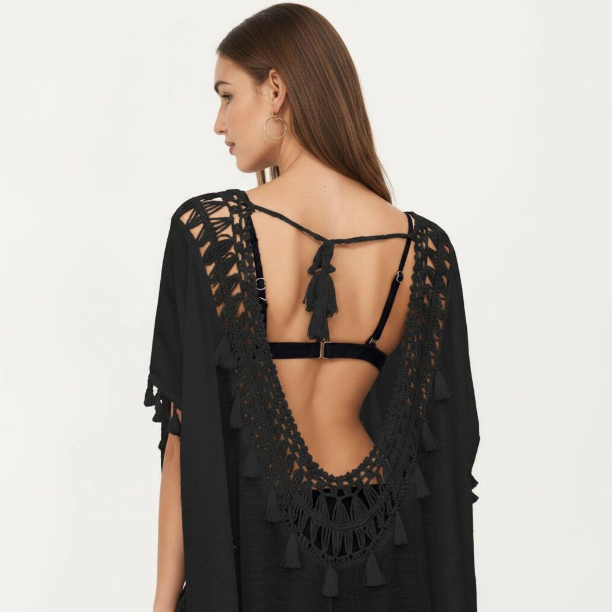 Anna-Kaci Women's Sheer Crochet V Neck Swim Cover Up Poncho with Tassel Trim and Flowy Silhouette