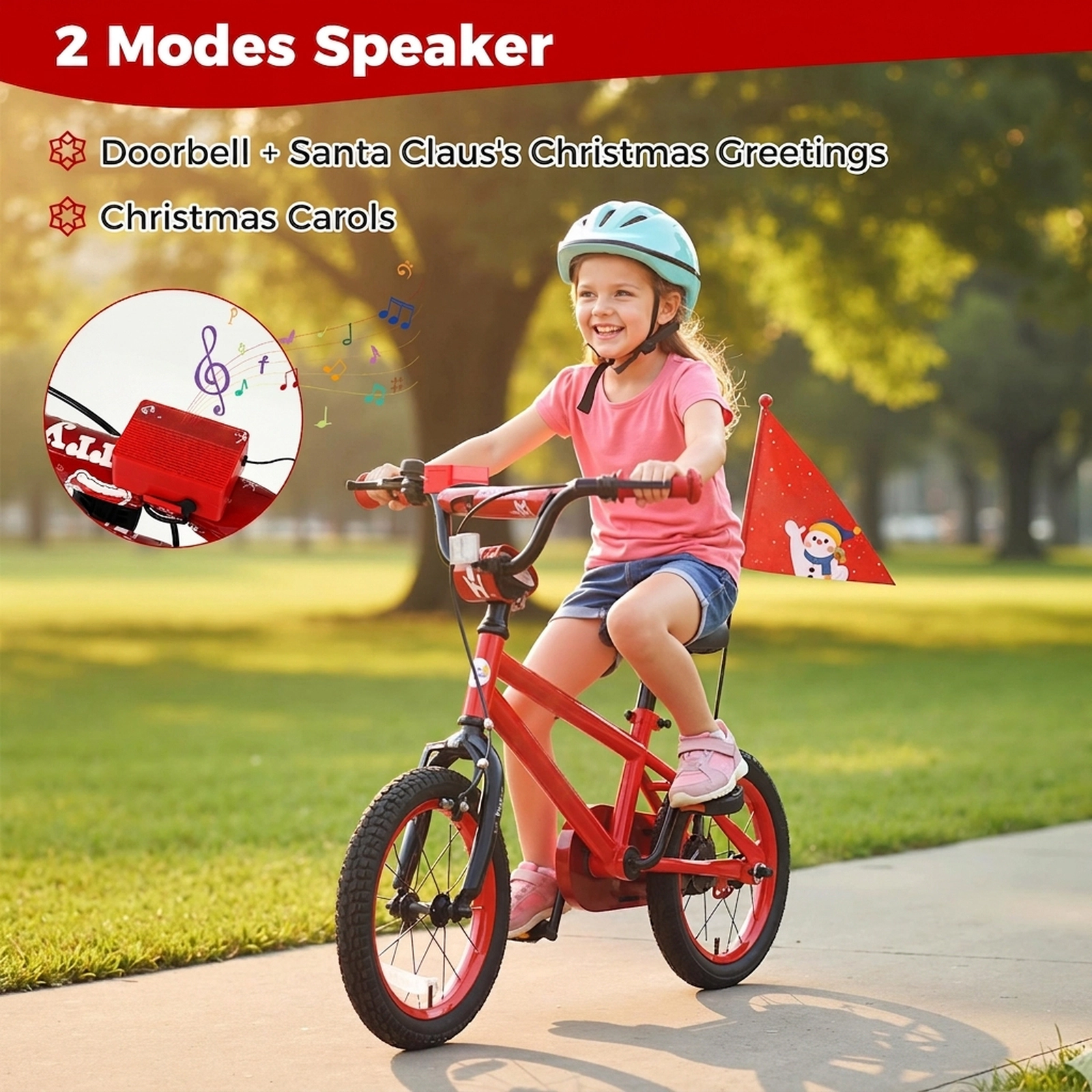 SUGIFT Adjustable 14-In Kids Bicycle with Training Wheels Christmas Music Flag 110-lb Capacity Ages 3-5 Red