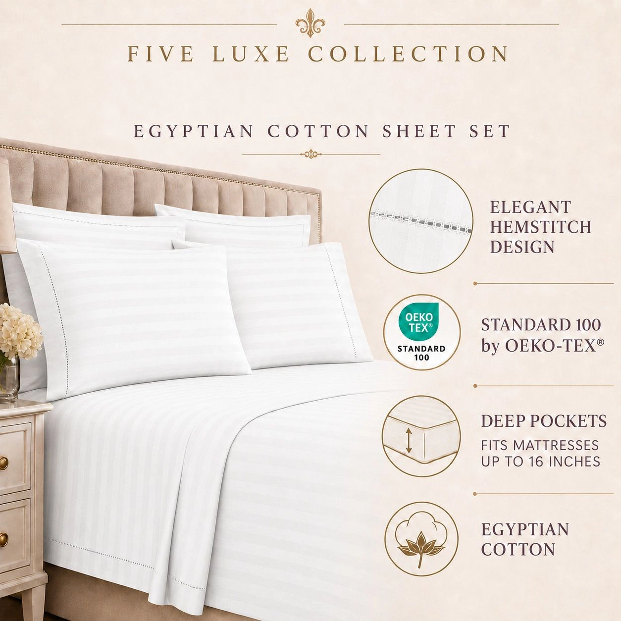 HSH Dream 1500 TC Egyptian Cotton Sheet Set by Five Luxe Collection Luxury Sateen Sheets with Elegant Hemstitch Design