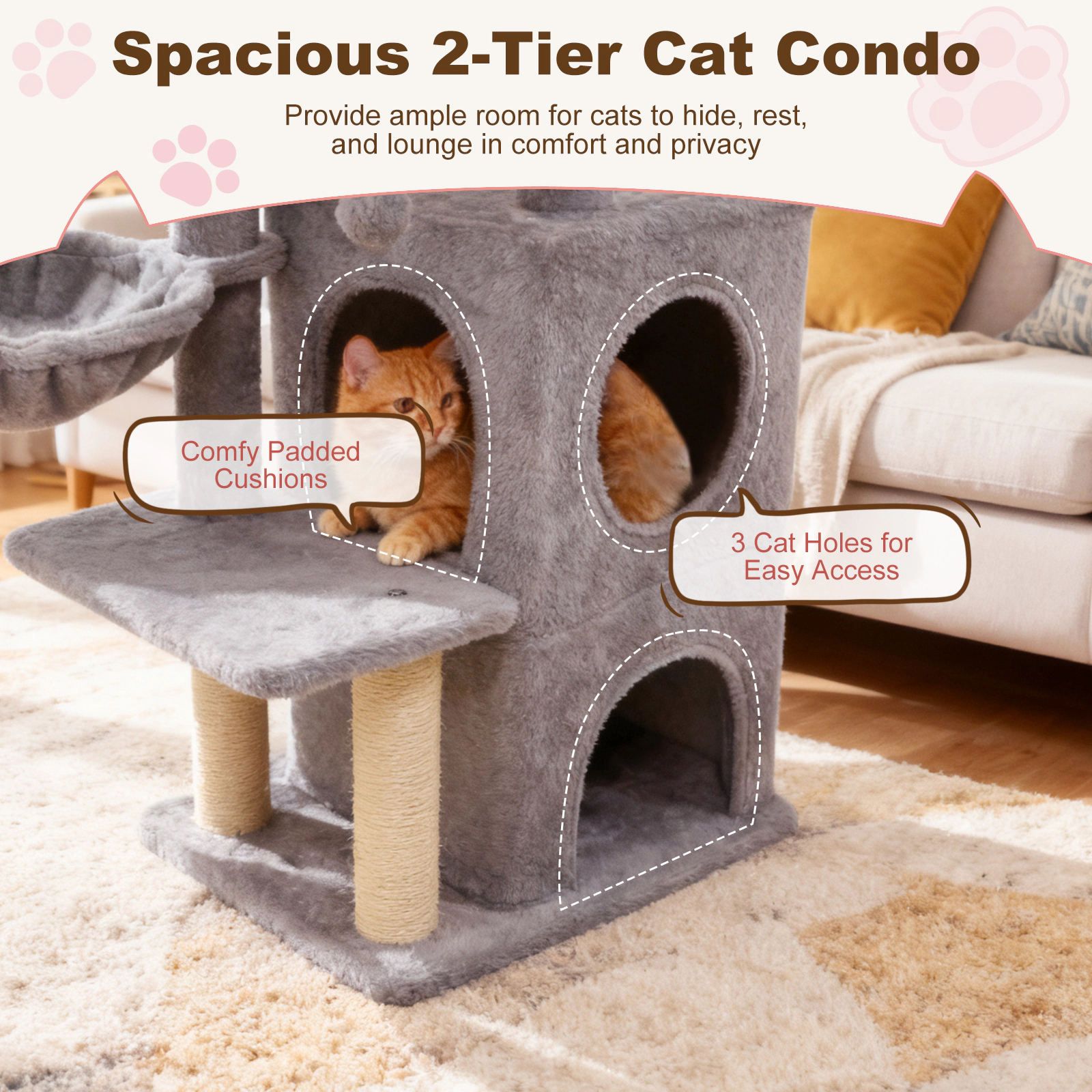 SUGIFT 33.5-in Tall 2-Tier Cat Tree Condo Tower Padded Top Perch 22-lb Capacity Each Layer 18-lb Net Weight Light Gray
