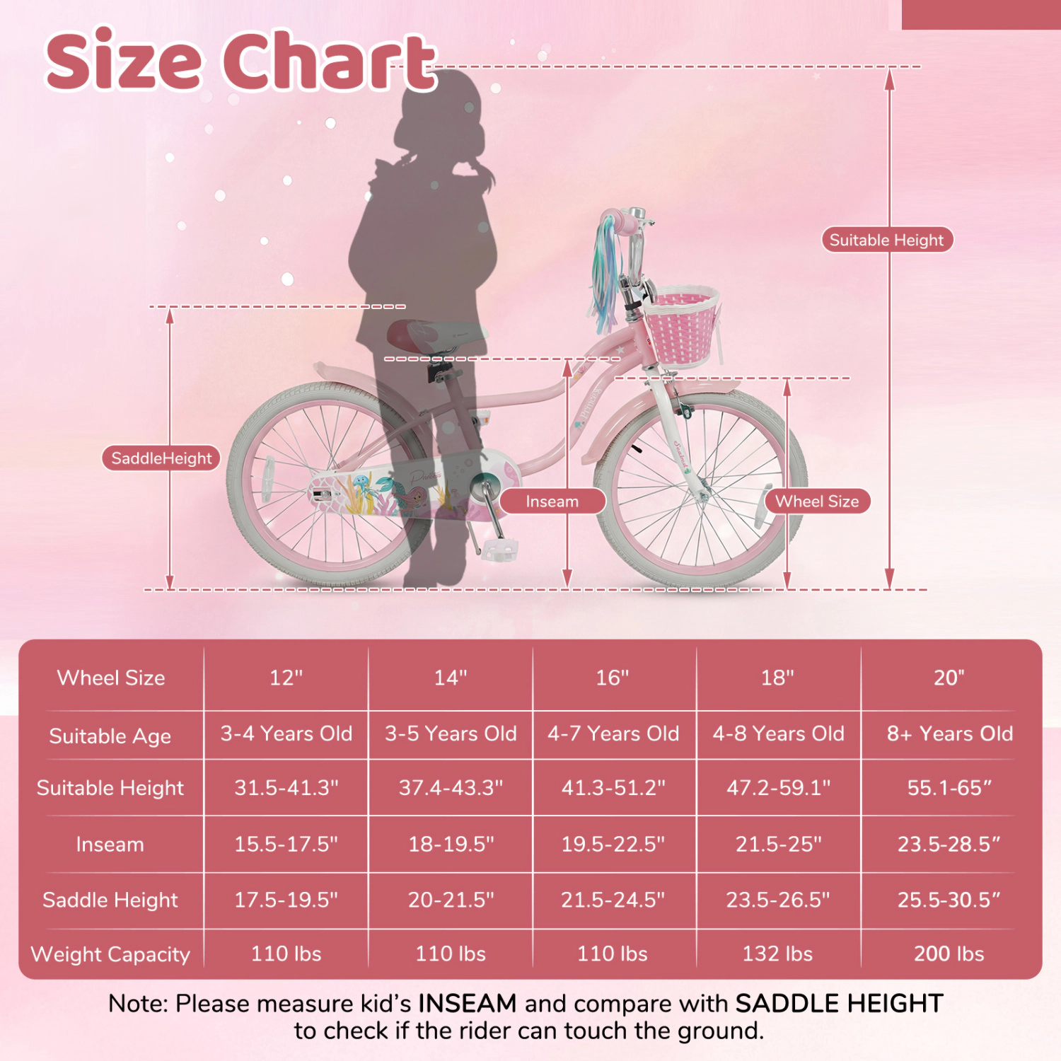 LJG Kids Bike Adjustable with Basket and Streamers Pink - Princess of the Sea Theme