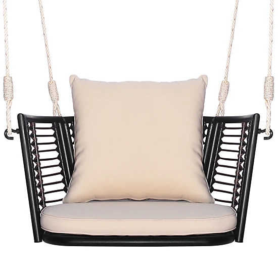 SUGIFT Hanging Swing Seat with Woven PE Rattan Backrest 400-lb Capacity Mix Brown Rattan with Beige/Gray/Blue Cushions