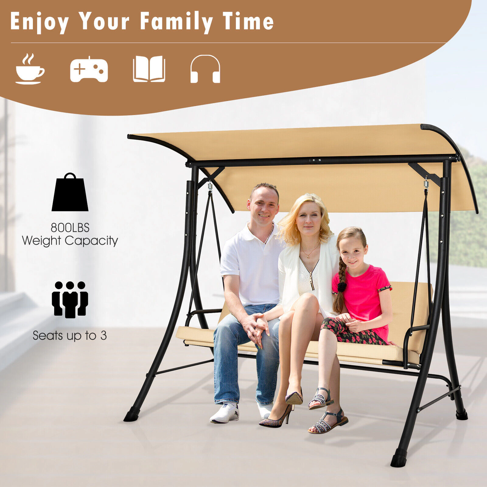 SUGIFT 3-Seat Outdoor Porch Swing with Adjustable Canopy and Padded Cushions 800-lb Capacity Beige/Brown