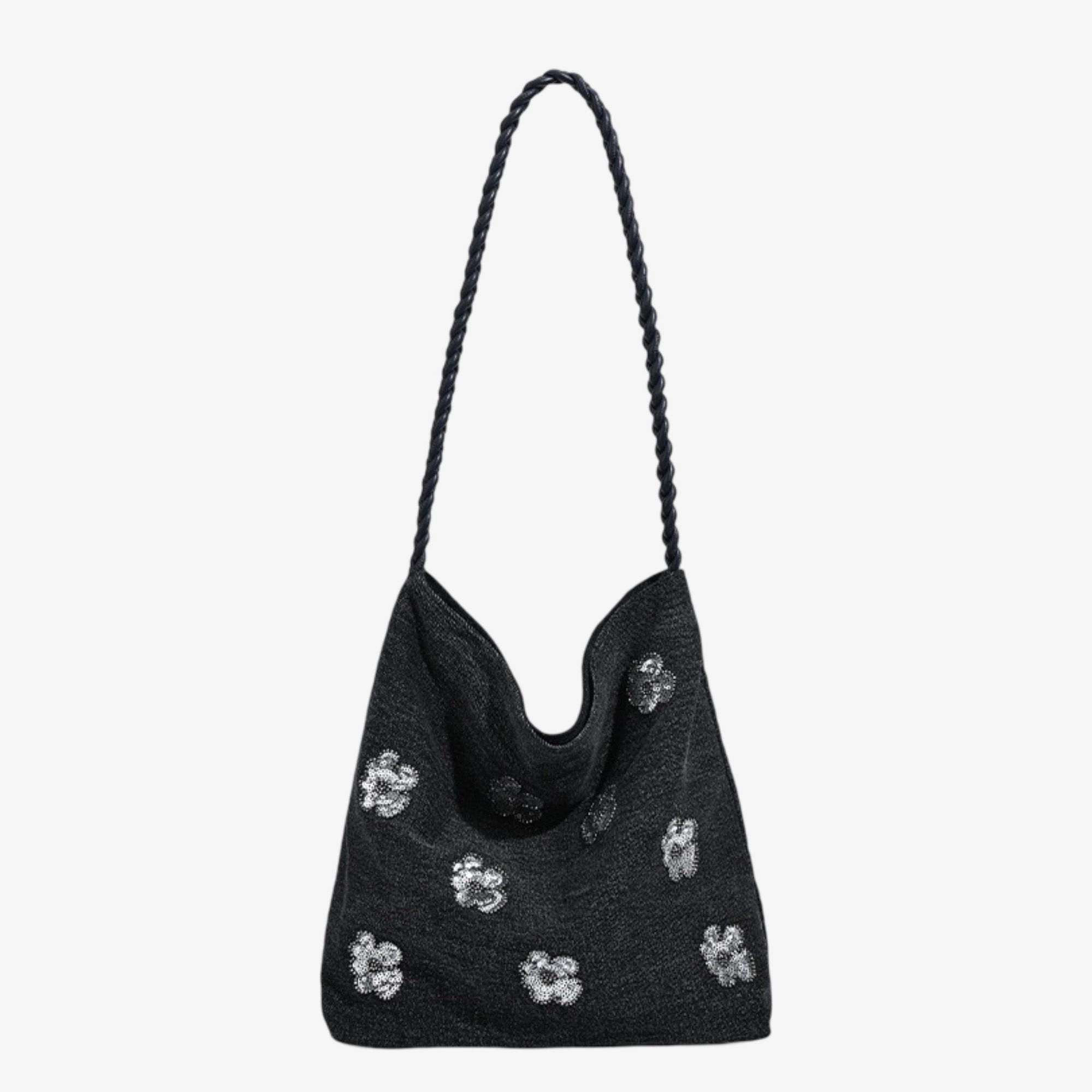 Alilang Women's Black Sequin Embellished Braided Shoulder Bag Canvas Handbag
