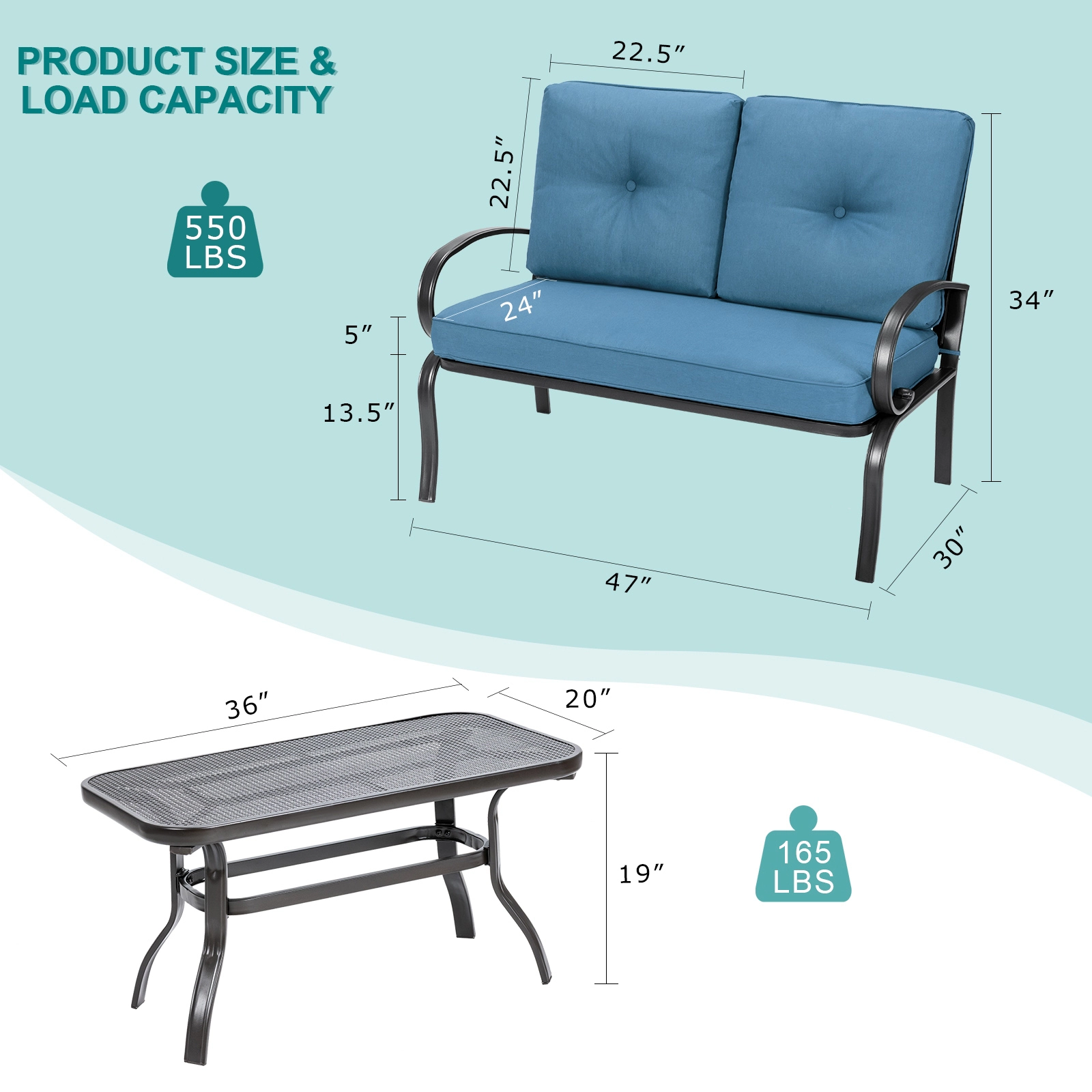 SUGIFT 2-Piece Blue Steel Patio Loveseat Set with 4-Inch Cushions and Coffee Table